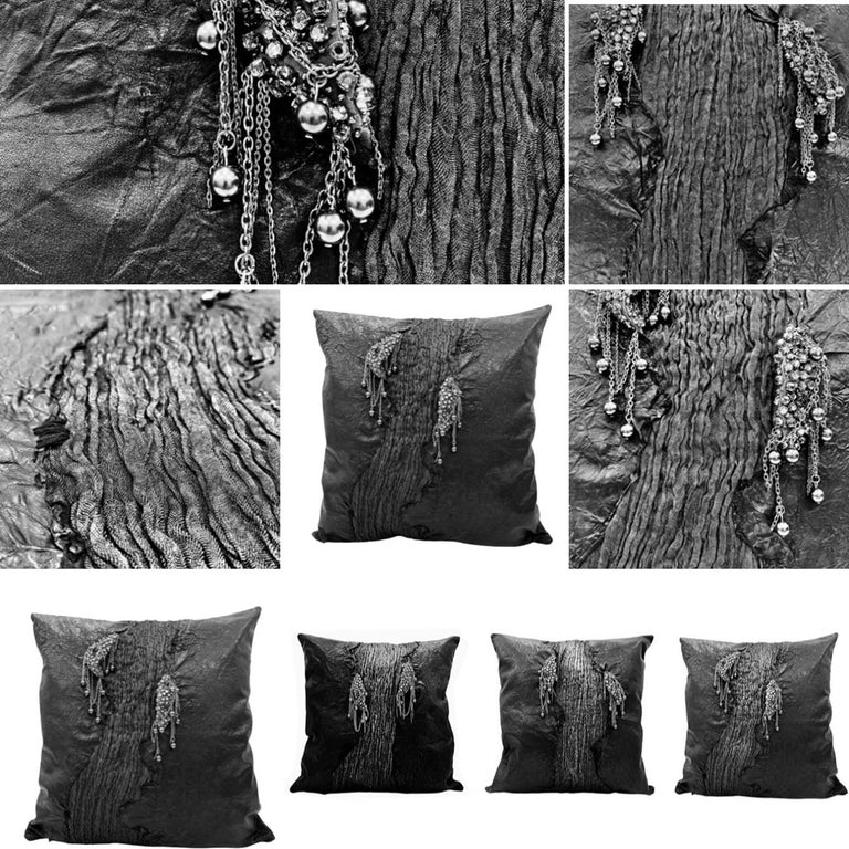 Genuine Wrinkled Black Leather Pillow For Sale at 1stDibs
