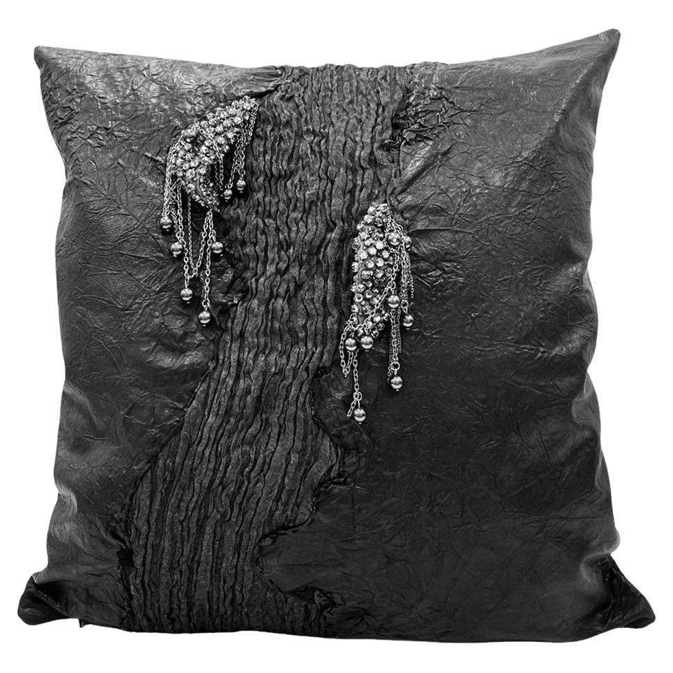 Genuine Wrinkled Black Leather Pillow