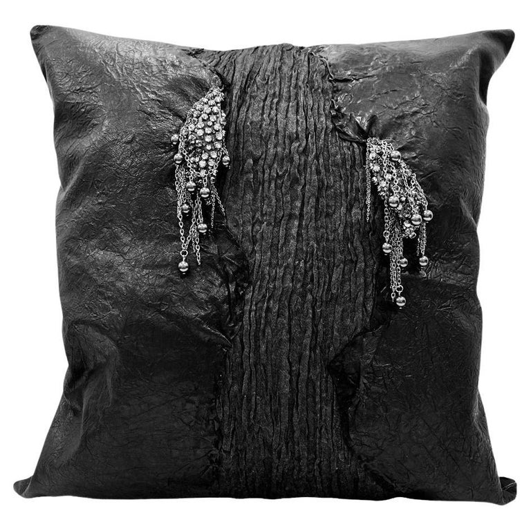 Genuine Wrinkled Black Leather Pillow For Sale at 1stDibs