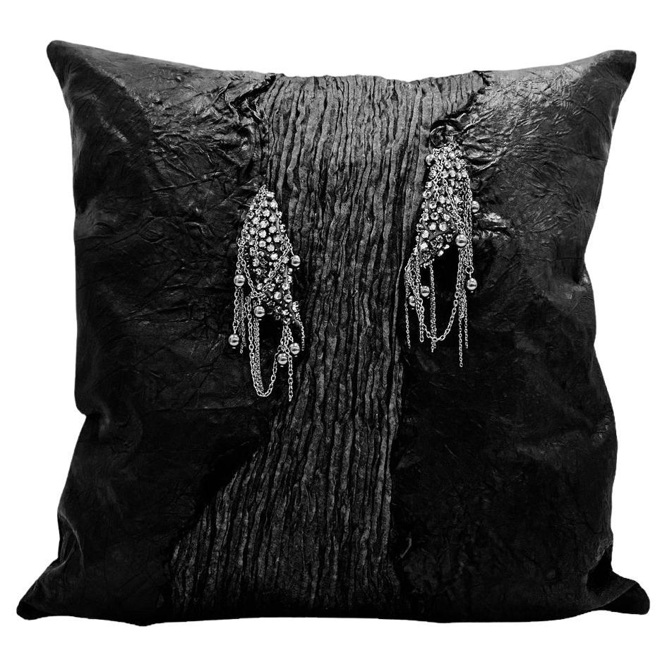 Genuine Wrinkled Black Leather Pillow For Sale