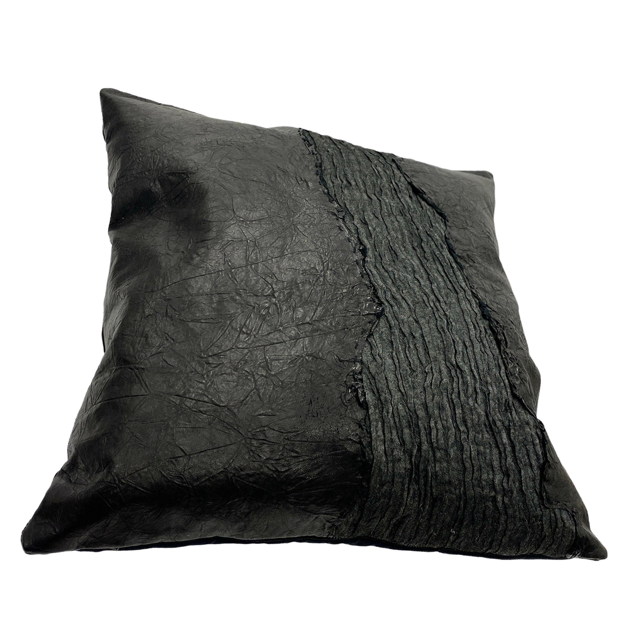 Genuine Wrinkled Black Leather Pillows. Combo 
Authentic Italian wrinkled black leather pillow. combination of black leather and dark gray wrinkled fabric. Has unique Gothic look. hand-crofted.  This gives a perfect softness and sheen to the