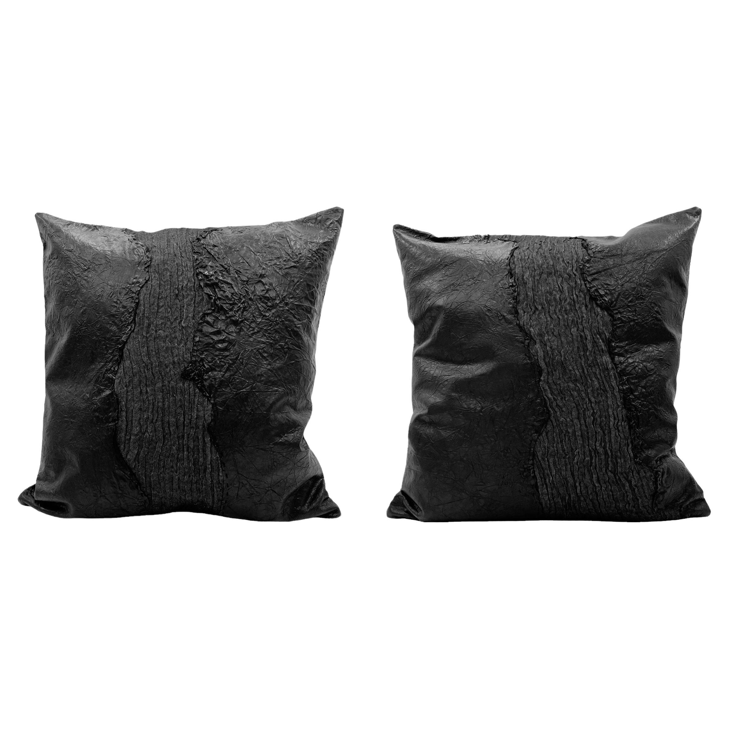 Genuine Wrinkled Black Leather Pillows For Sale