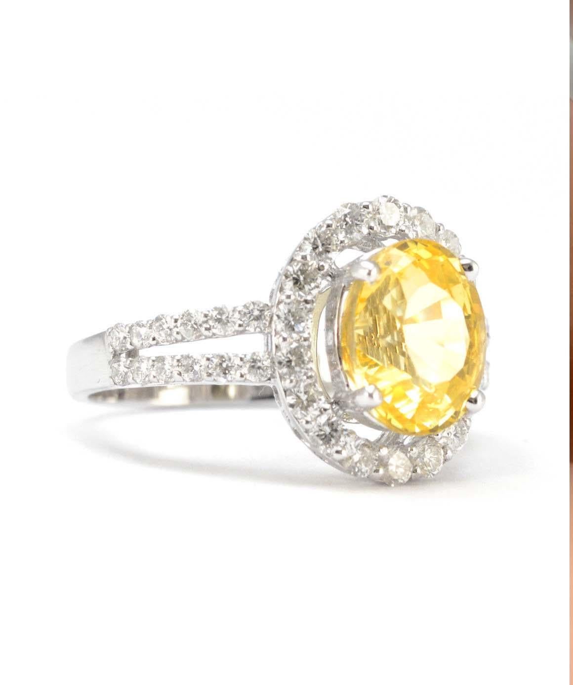 Genuine Yellow Sapphire and Natural Diamond Ring in Solid 18 Karat White Gold 2