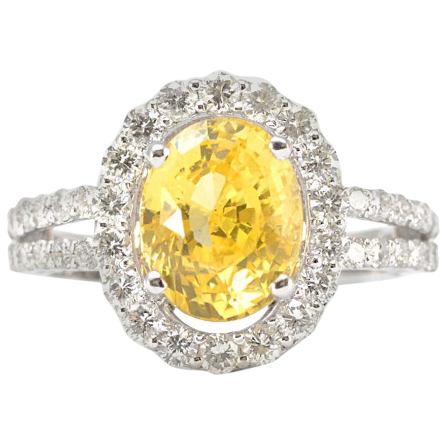 Genuine Yellow Sapphire and Natural Diamond Ring in Solid 18 Karat White Gold
