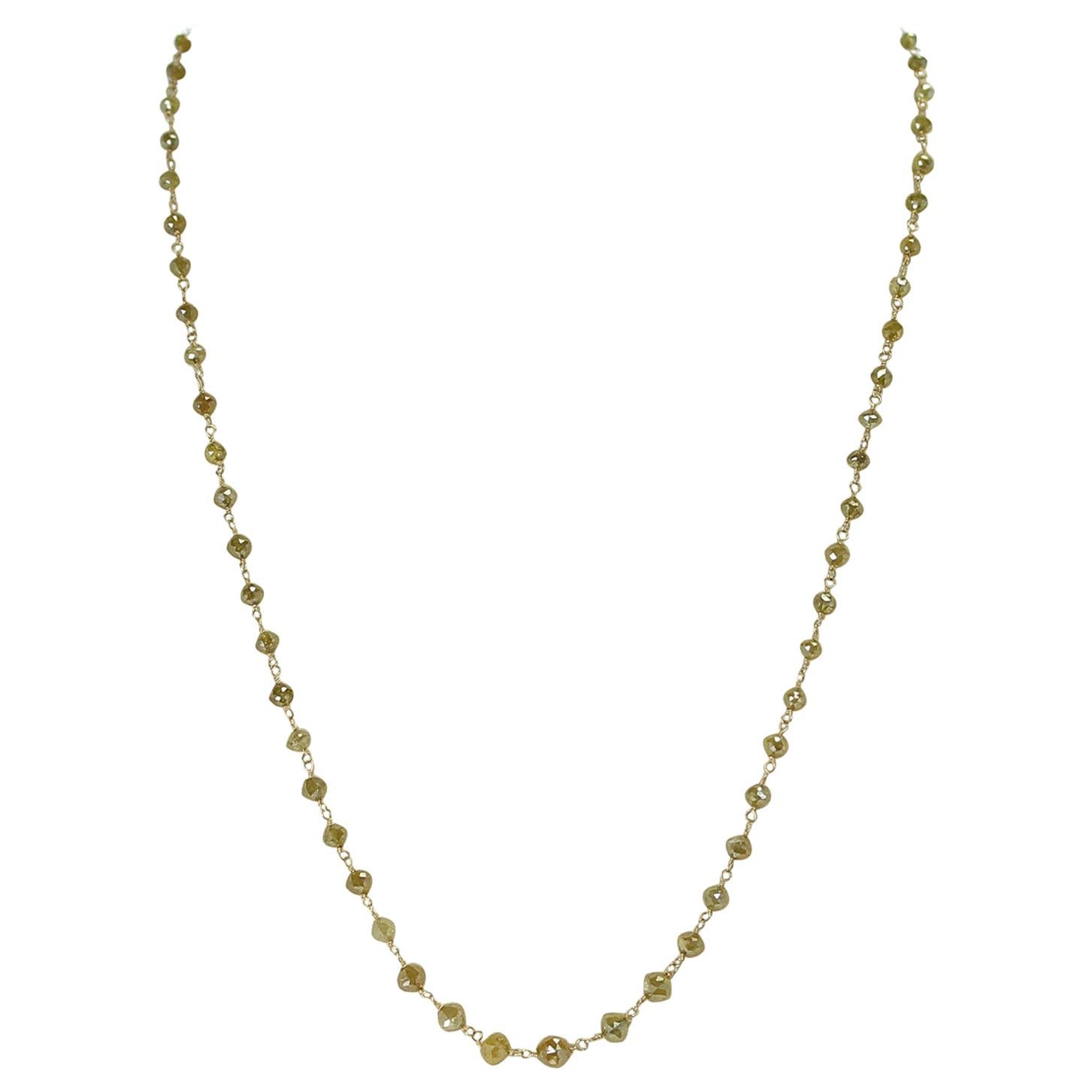 Genuine Yellow with Greenish Hue Diamond Beads Wire-Wrapped Necklace, 18 Karat