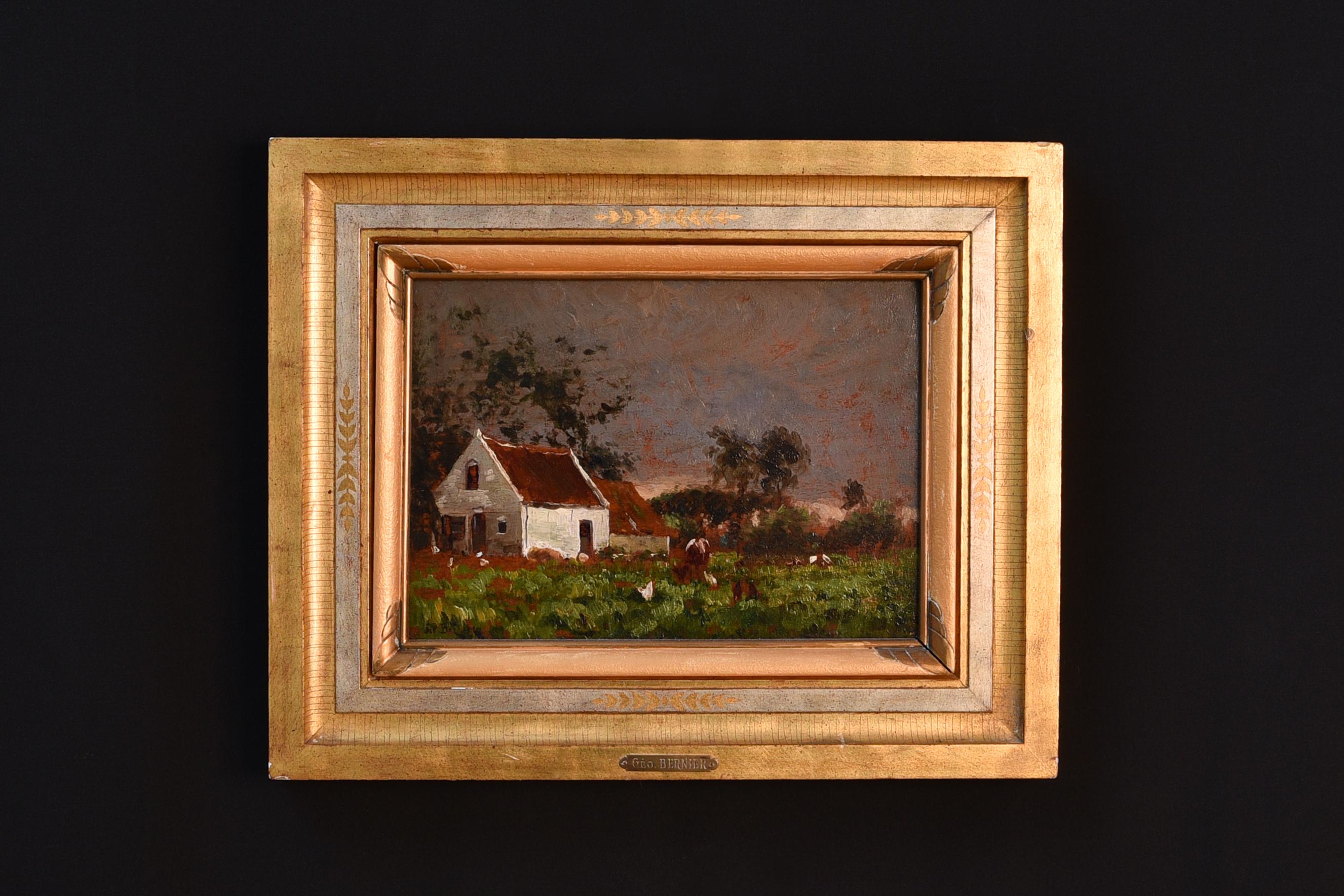 Landscape with small farm and cow. Géo Bernier (Namen, Belgium 1862-1918) is a specialist painter of landscapes, horses and cows. His work is part of collections in Groeningemuseum Brugge, MSK Elsene, Museum M Leuven. Original frame and signed. 