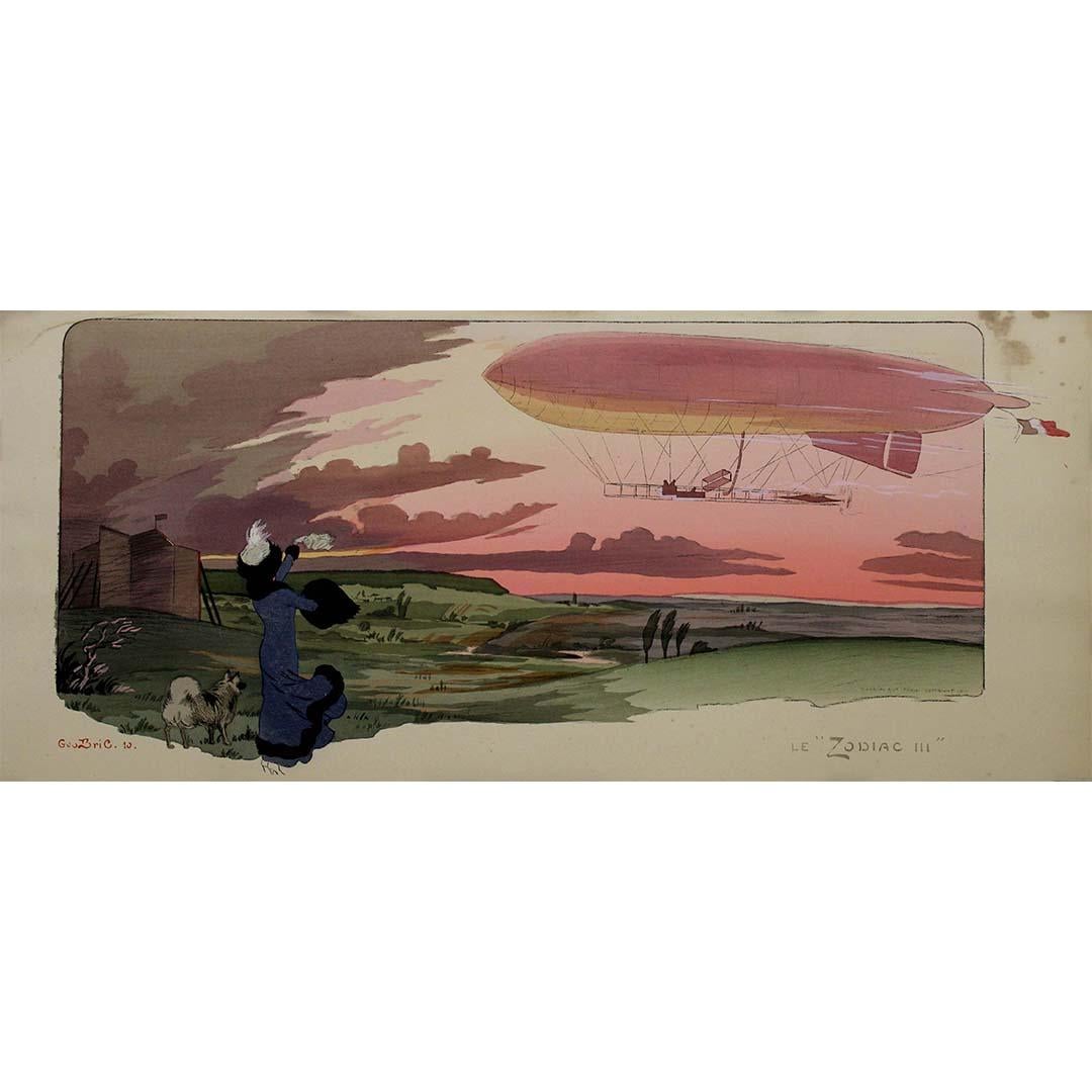 En 1910, Geo Bric dévoile son affiche originale "Le Zodiac III", mettant en scène un ballon dirigeable ou airship. Cette œuvre d'art remarquable représente la forme élancée et majestueuse du dirigeable sur fond de ciel et de nuages étendus, mettant