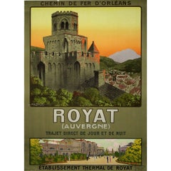 Manifesto ferroviario originale del 1911 di Géo Dorival che promuove la città termale di Royat