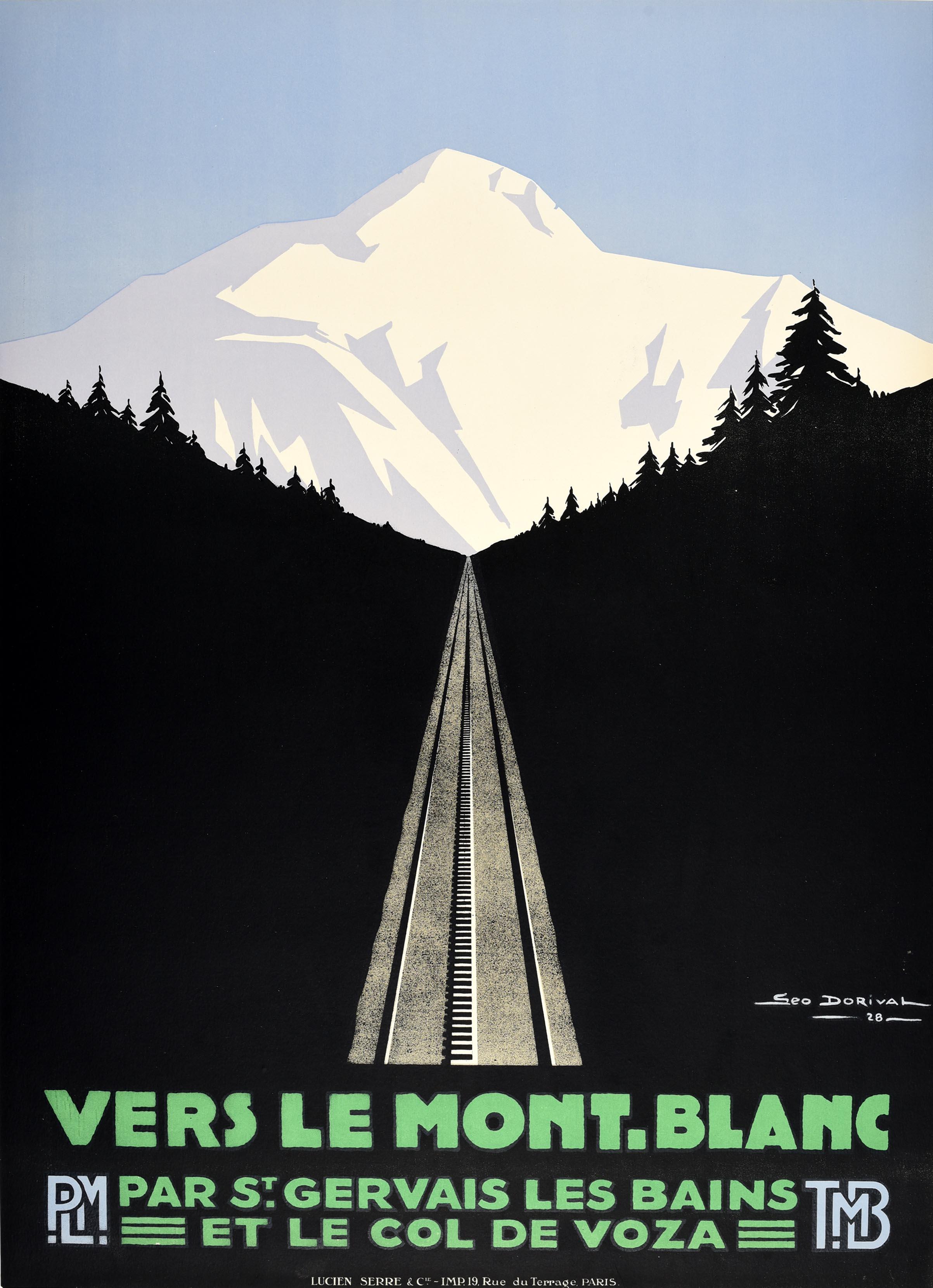 3 Original Vintage PLM Railway Travel Posters Vers Le Mont Blanc Tag und Nacht dusk (Art déco), Print, von Geo Dorival