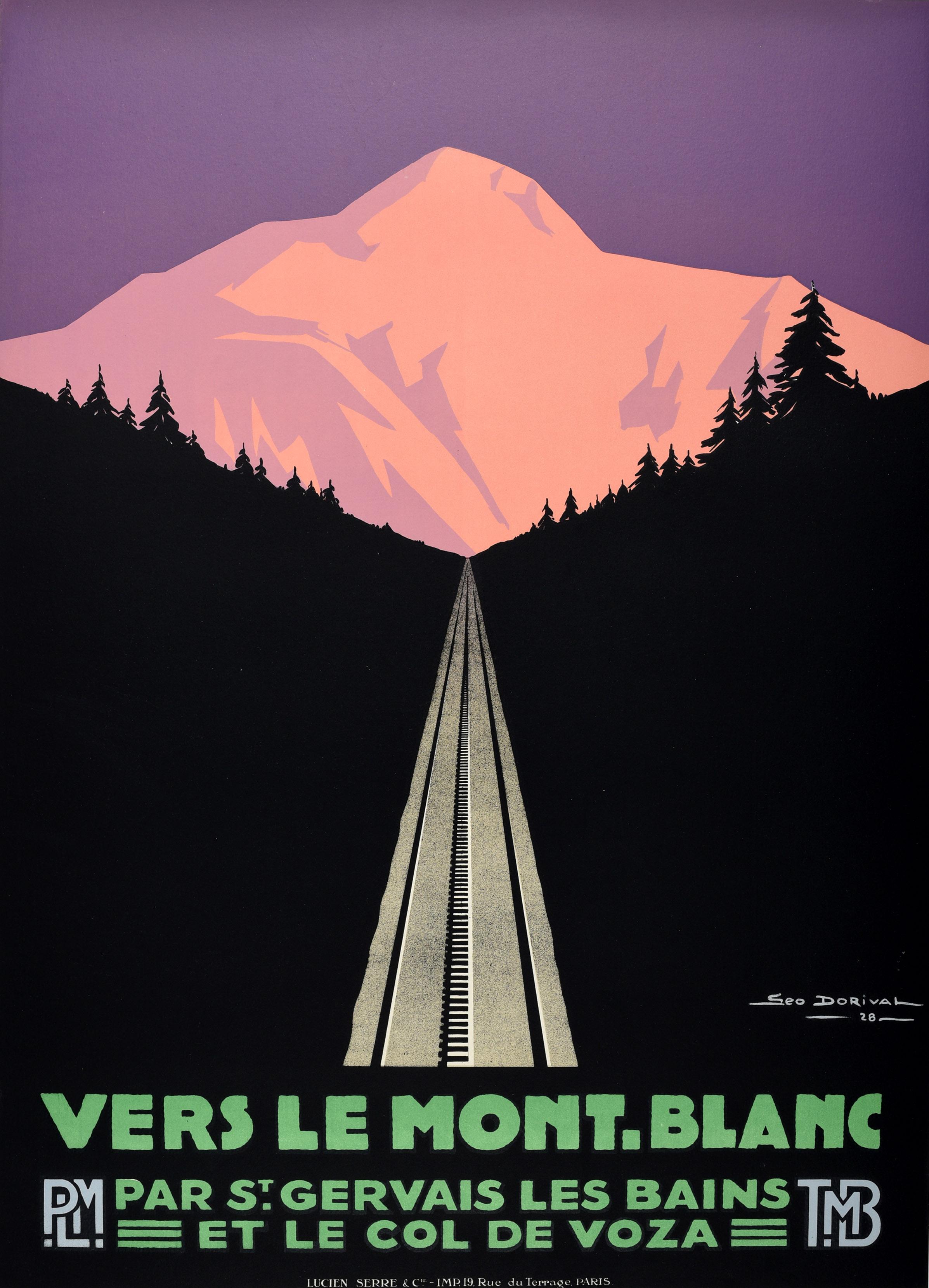 3 Original Vintage PLM Railway Travel Posters Vers Le Mont Blanc Tag und Nacht dusk (Schwarz), Print, von Geo Dorival