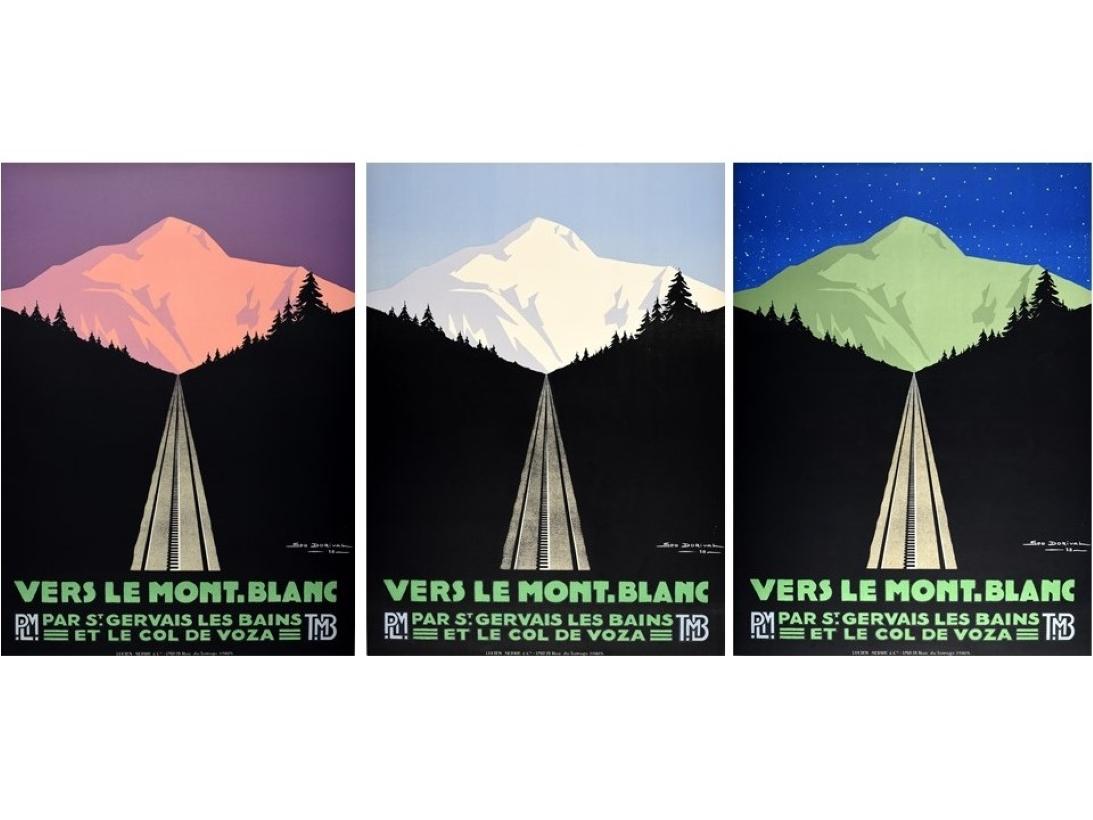 Geo Dorival Print - 3 Original Vintage PLM Railway Travel Posters Vers Le Mont Blanc Day Night Dusk