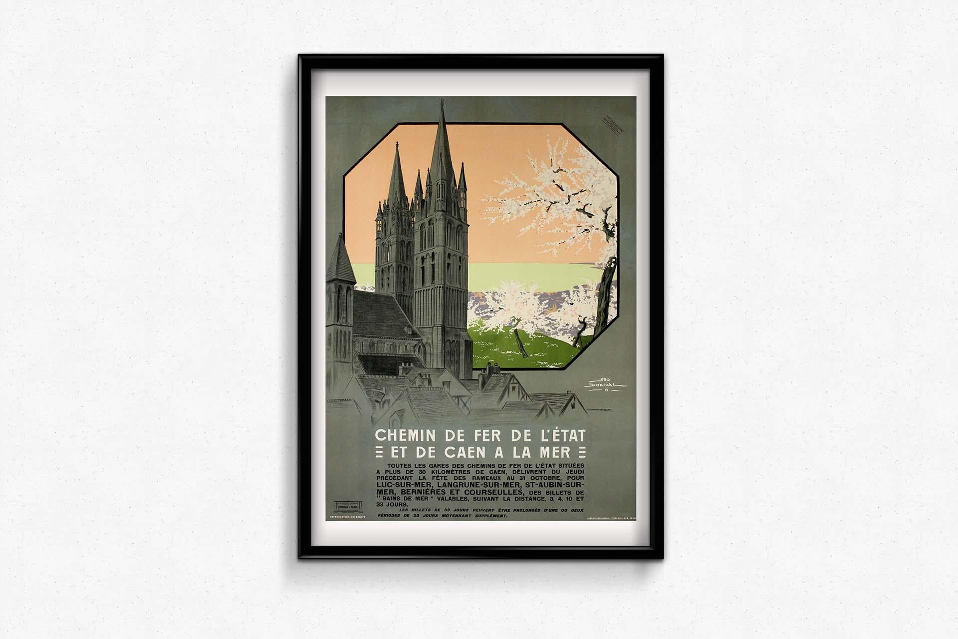 Géo Dorivals Reiseplakat von 1912 für den Chemin de Fer de l'État, das für die Zugverbindungen von Caen zu den malerischen Küstenstädten Luc-sur-Mer, Langrune-sur-Mer, St. Aubin-sur-Mer, Bernières und Courseulles in der Normandie wirbt, ist ein