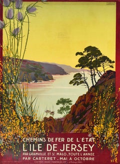 Affiche vintage d'origine L''Ile De Jersey Channel Islands State Railway Travel Art