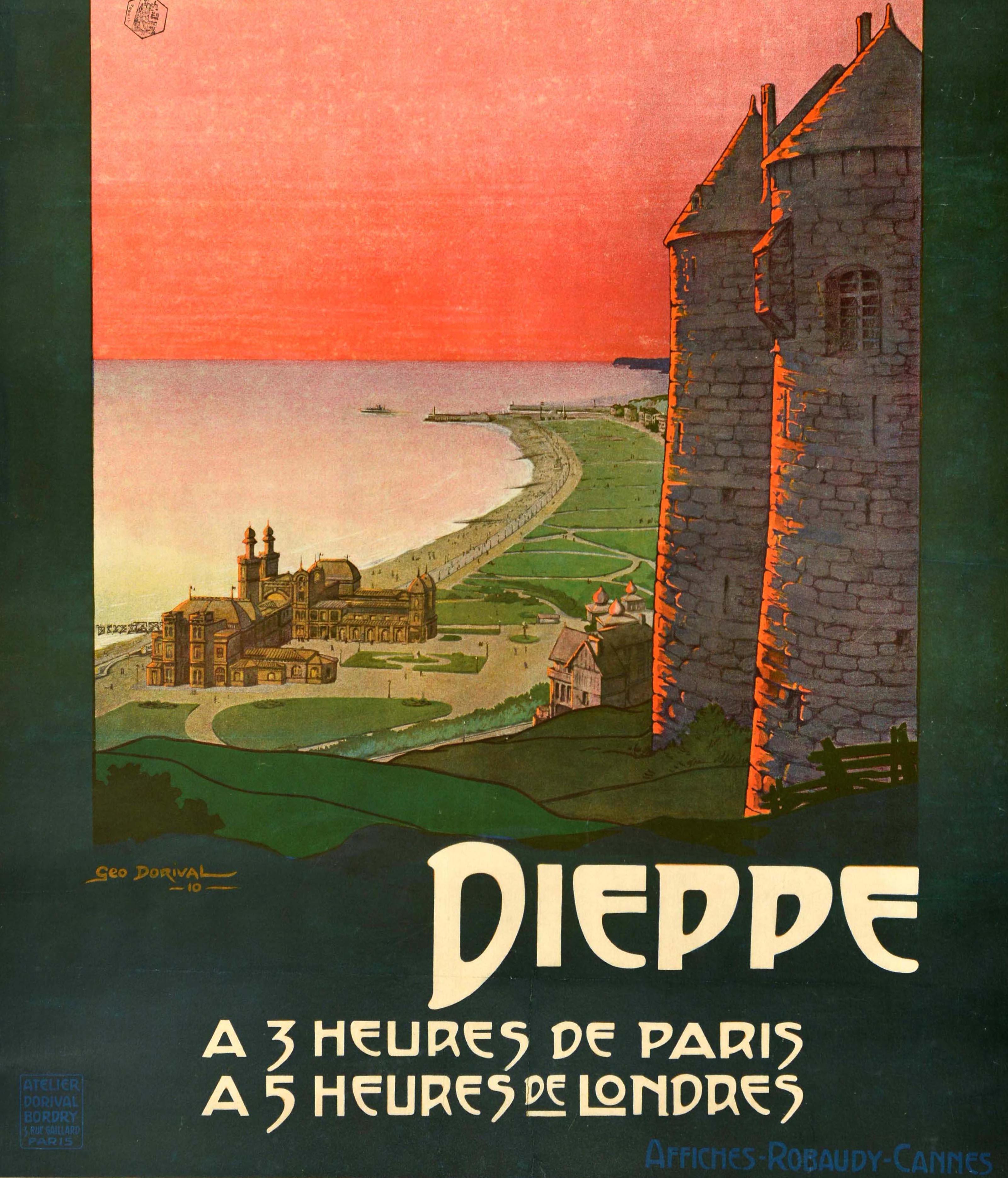 Poster di viaggio originale antico Dieppe Chateau Normandy France Geo Dorival in vendita 3