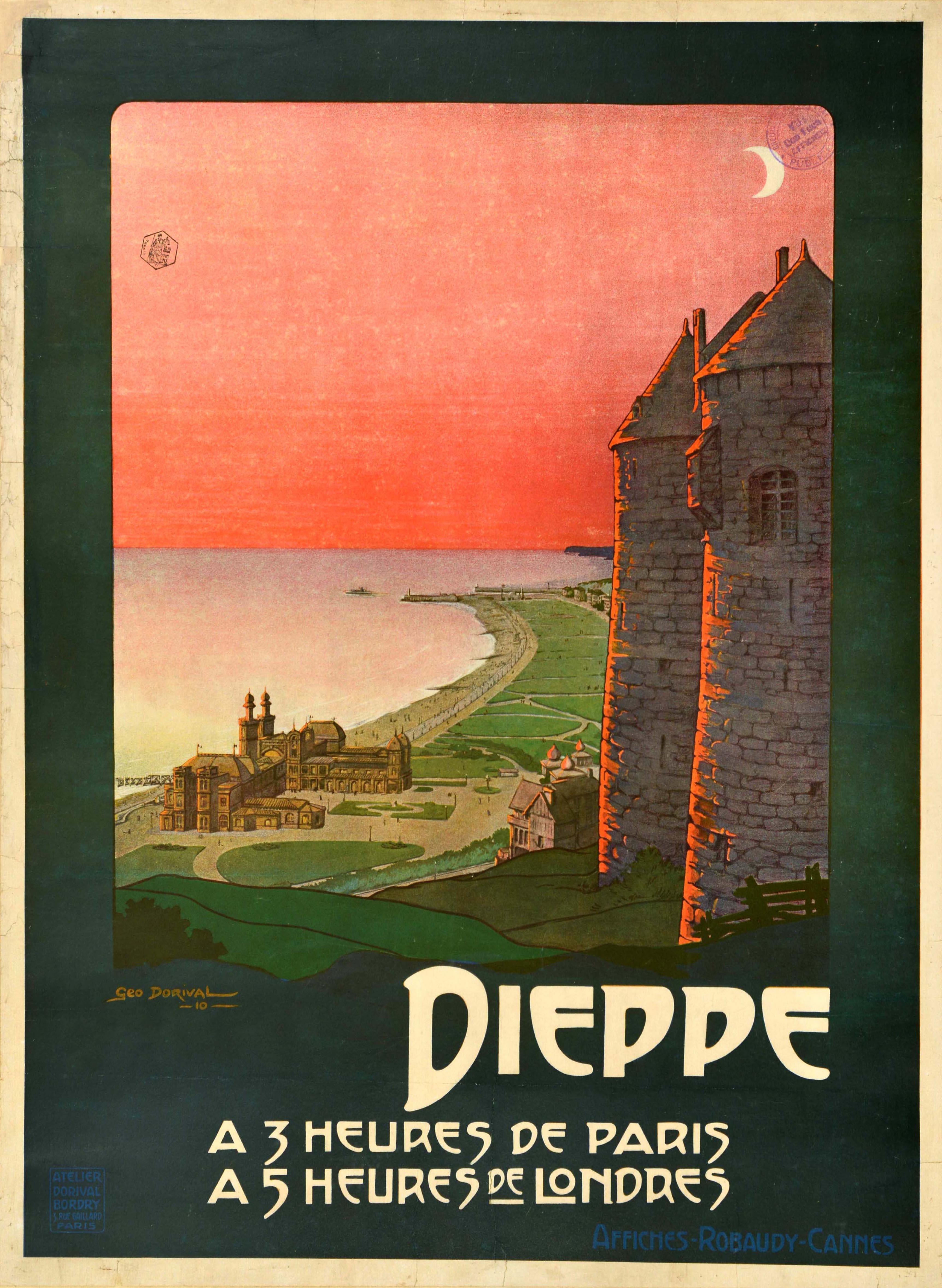 Original antique travel poster for Dieppe featuring a great design by Georges Dorival (1879-1968) depicting a panoramic view of the town with its park areas and beaches on the Normandy coast from the historic Chateau de Dieppe, the glow of the