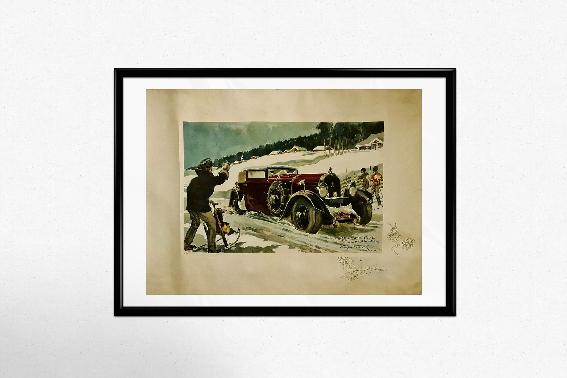 The 1932 original lithograph by Géo Ham, titled Rallye Monte Carlo à la Hotchkiss victorieuse – Suède, is an exquisite depiction of a pivotal moment in automotive history, capturing the thrill and prestige of the Monte Carlo Rally. Géo Ham, born