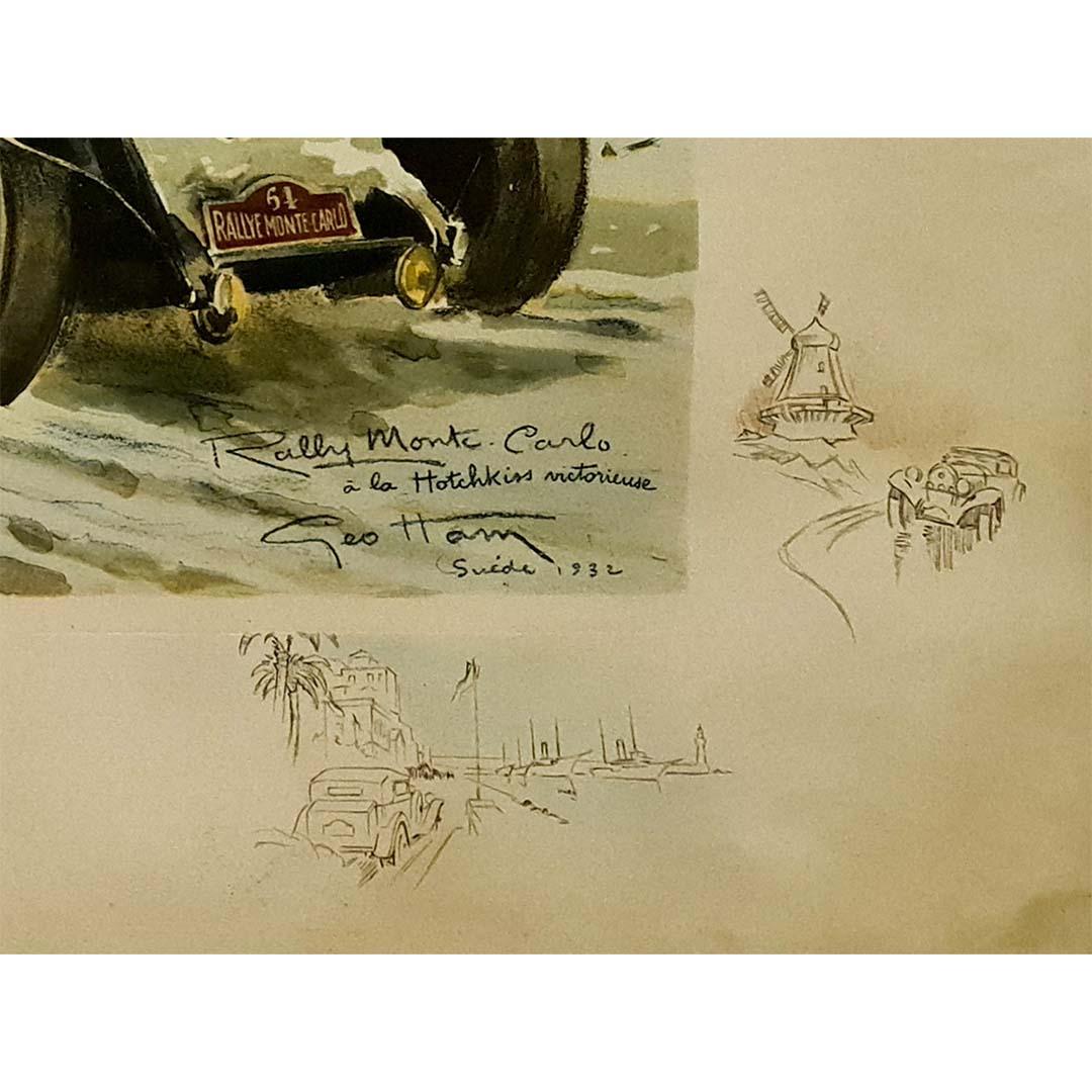 1932 original lithograph by Géo Ham - Rallye Monte Carlo à la Hotchkiss Sweden For Sale 1