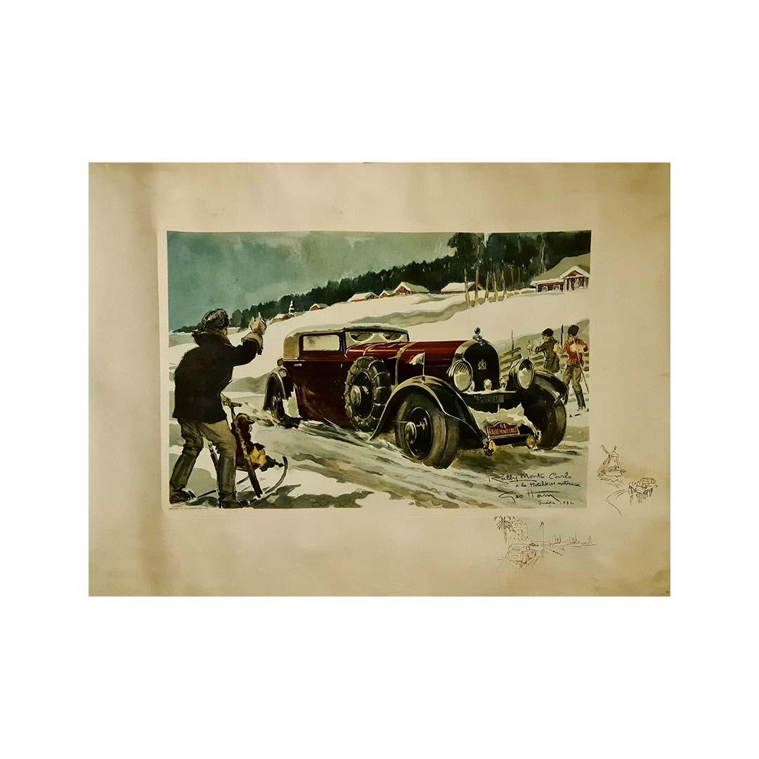 1932 original lithograph by Géo Ham - Rallye Monte Carlo à la Hotchkiss Sweden For Sale 2
