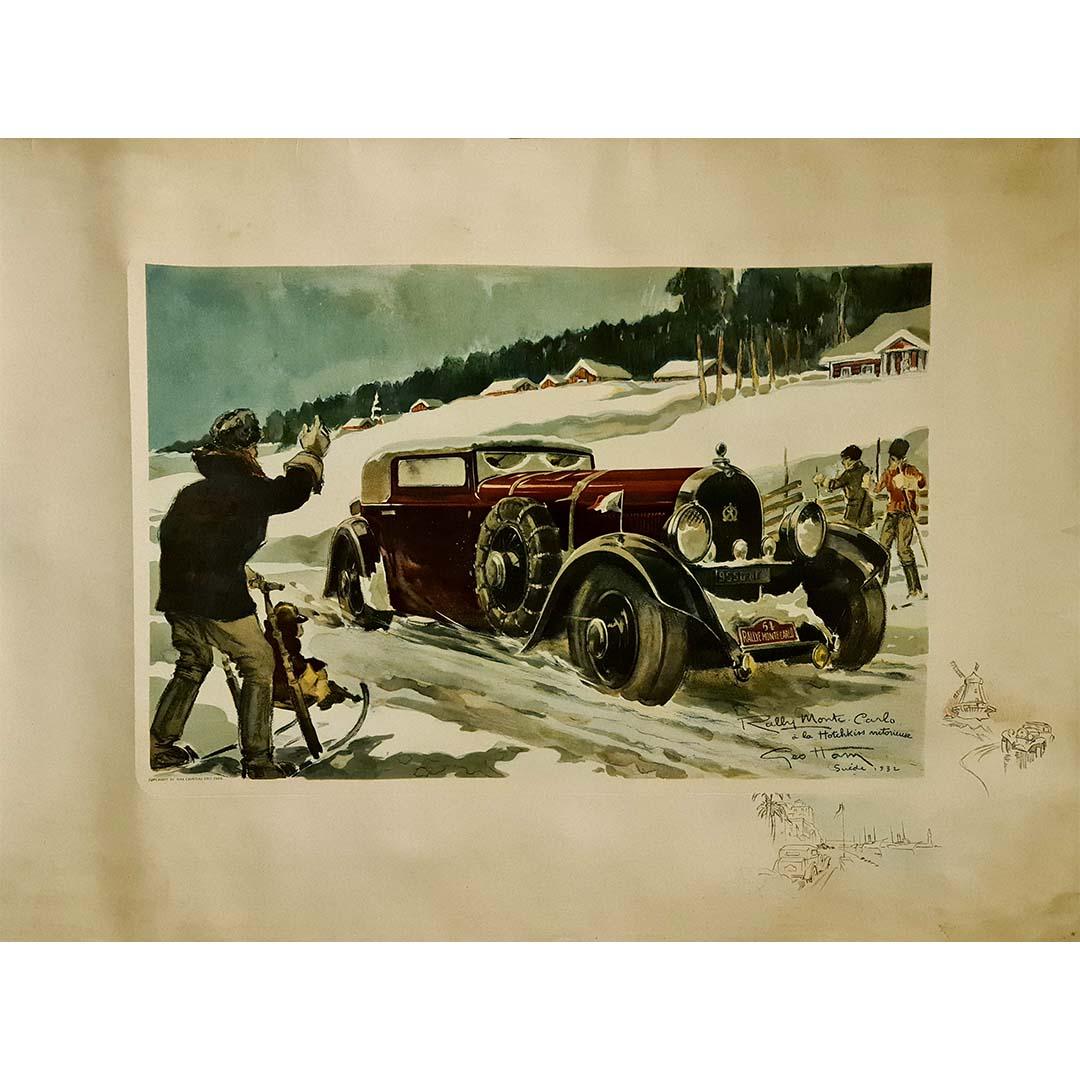 1932 original lithograph by Géo Ham - Rallye Monte Carlo à la Hotchkiss Sweden - Print by Geo Ham