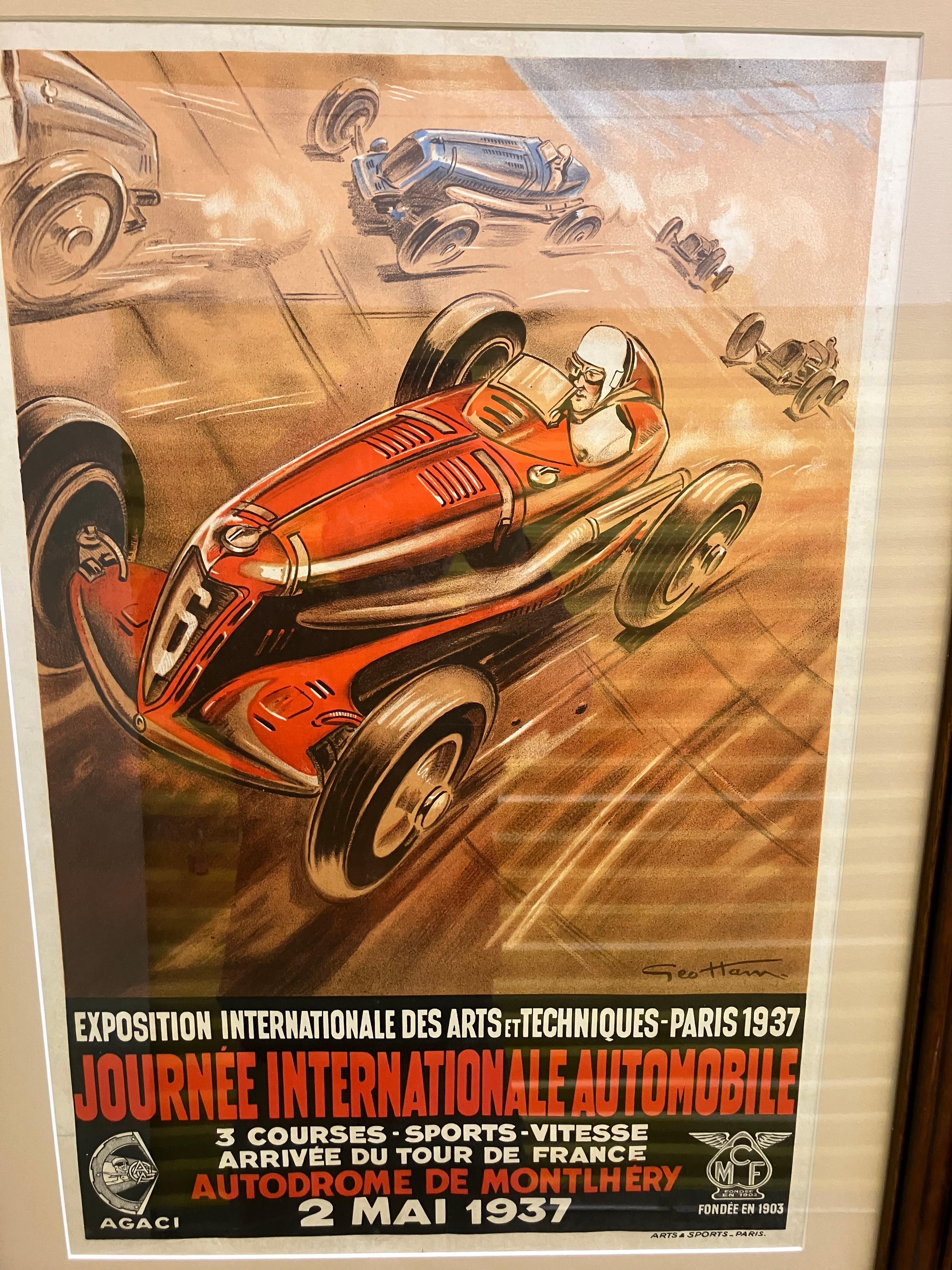 Geo Ham: 1900-1972. Well listed French artist who is best known for his posters of car racing. He has auction results over $32,000 for a single poster. This original lithographic poster was done in 1937. It measures 23 and 58 inches high by 15 1/2