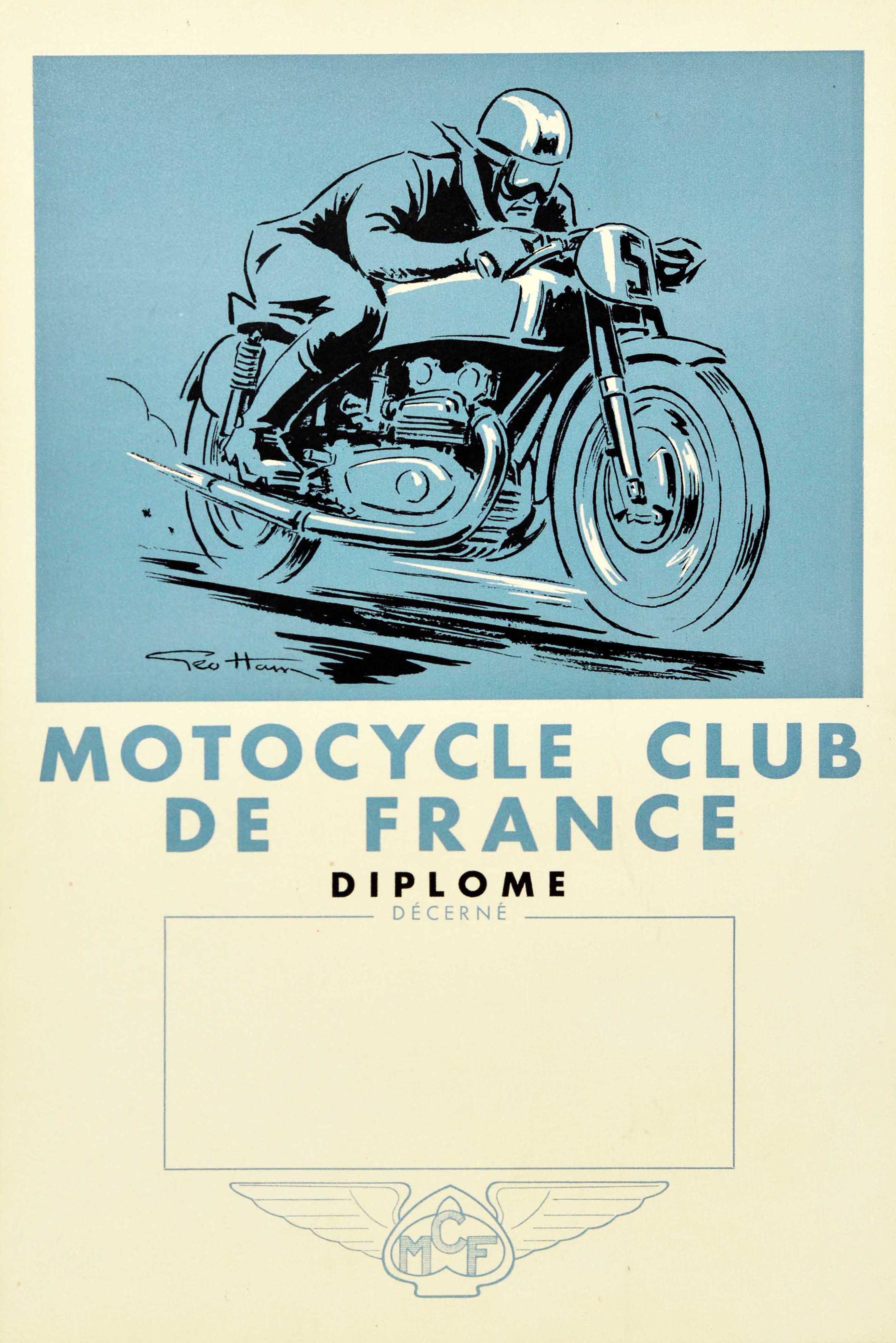 Geo Ham - Original Vintage Diploma Award Poster Motocycle Club De France  Motorcycle Art For Sale at 1stDibs