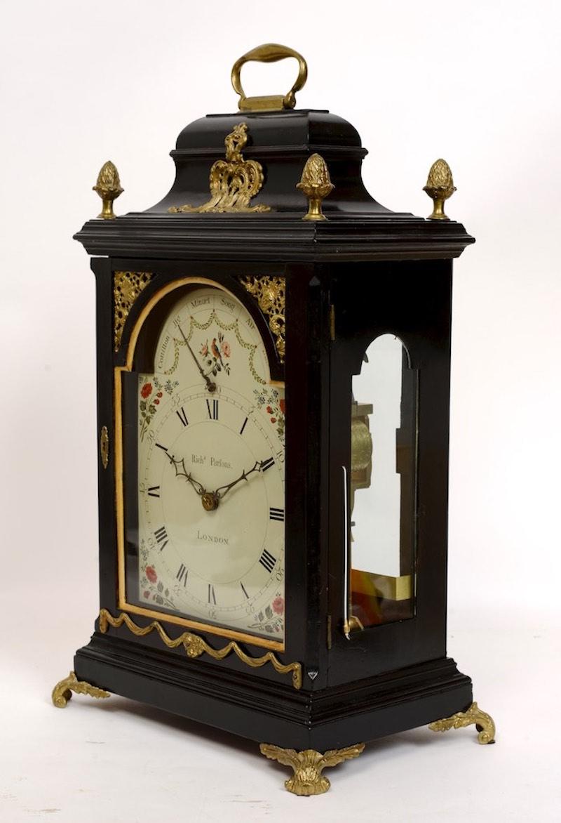 George III Geo III Ebonised & Brass-Mounted Musical 6 Tune Bracket Clock by Richard Parsons For Sale
