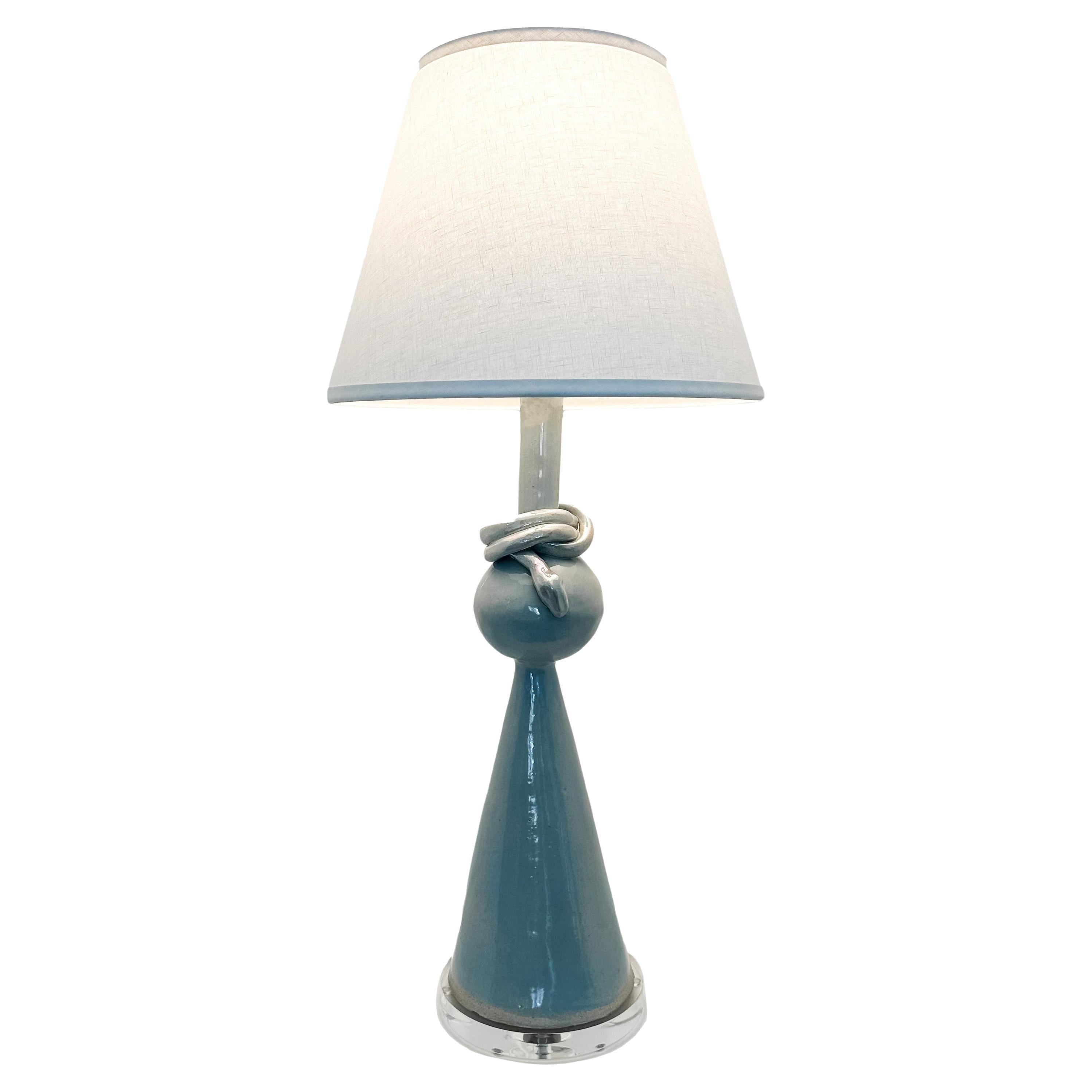 Geo Table Lamp with Serpent Twist in Wedgwood Glaze on Lucite Base For Sale