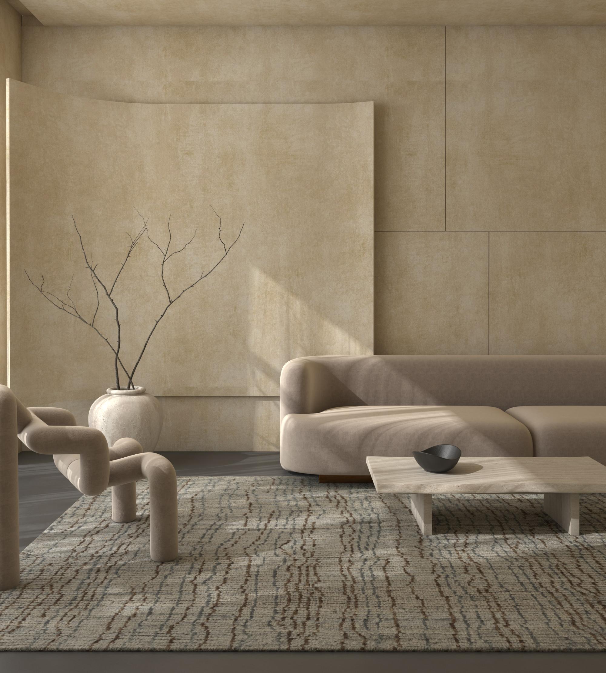 Entrez dans un monde de luxe nomade moderne. Ce chef-d'œuvre noué à la main, fabriqué à partir de la laine la plus fine, réimagine la riche tapisserie du design marocain avec une touche contemporaine. Son mélange captivant de motifs éclectiques