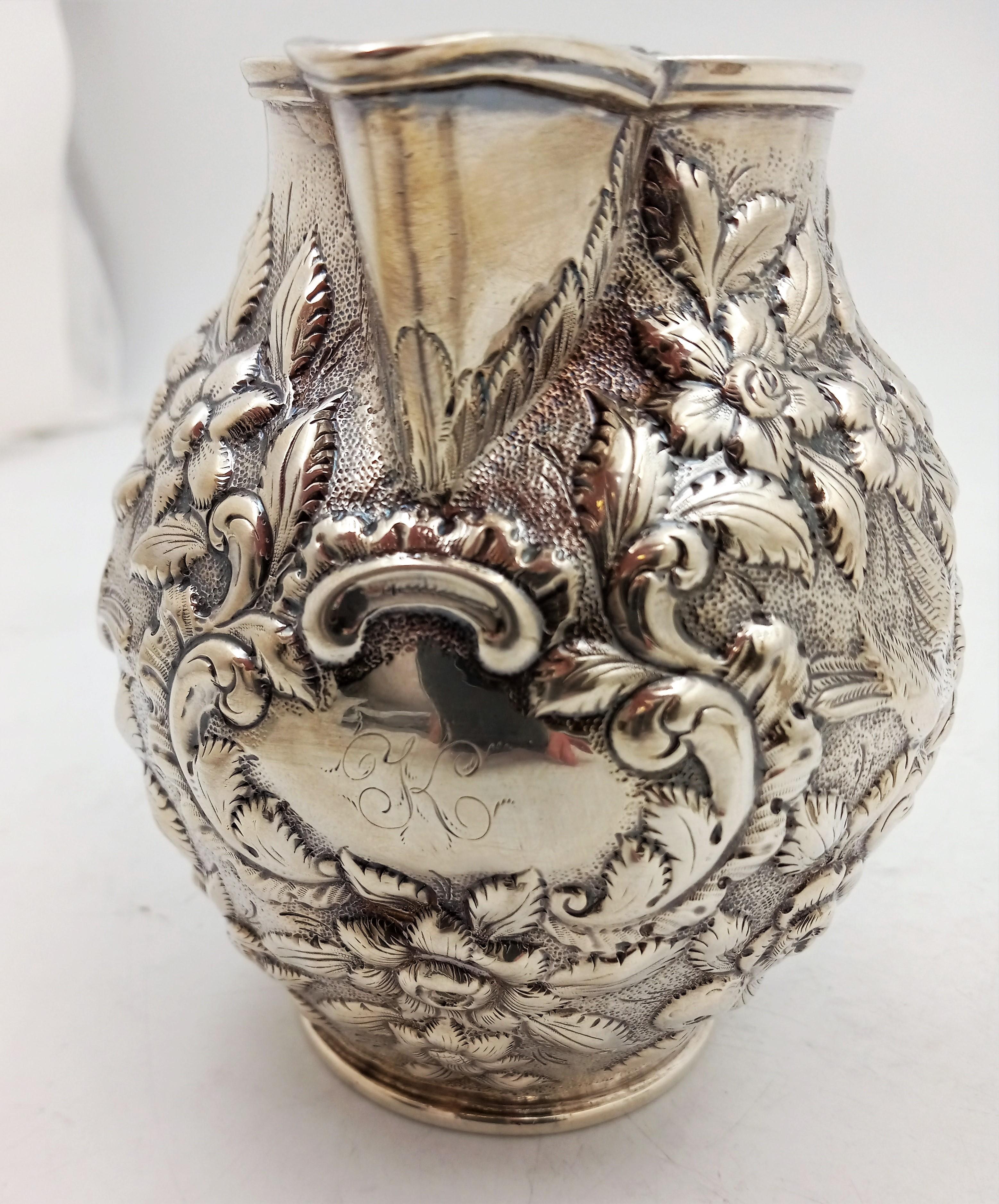 Aesthetic Movement Geo. W. Webb & Co. Hand-Chased Coin Silver Aesthetic Repousse Pitcher, c. 1875