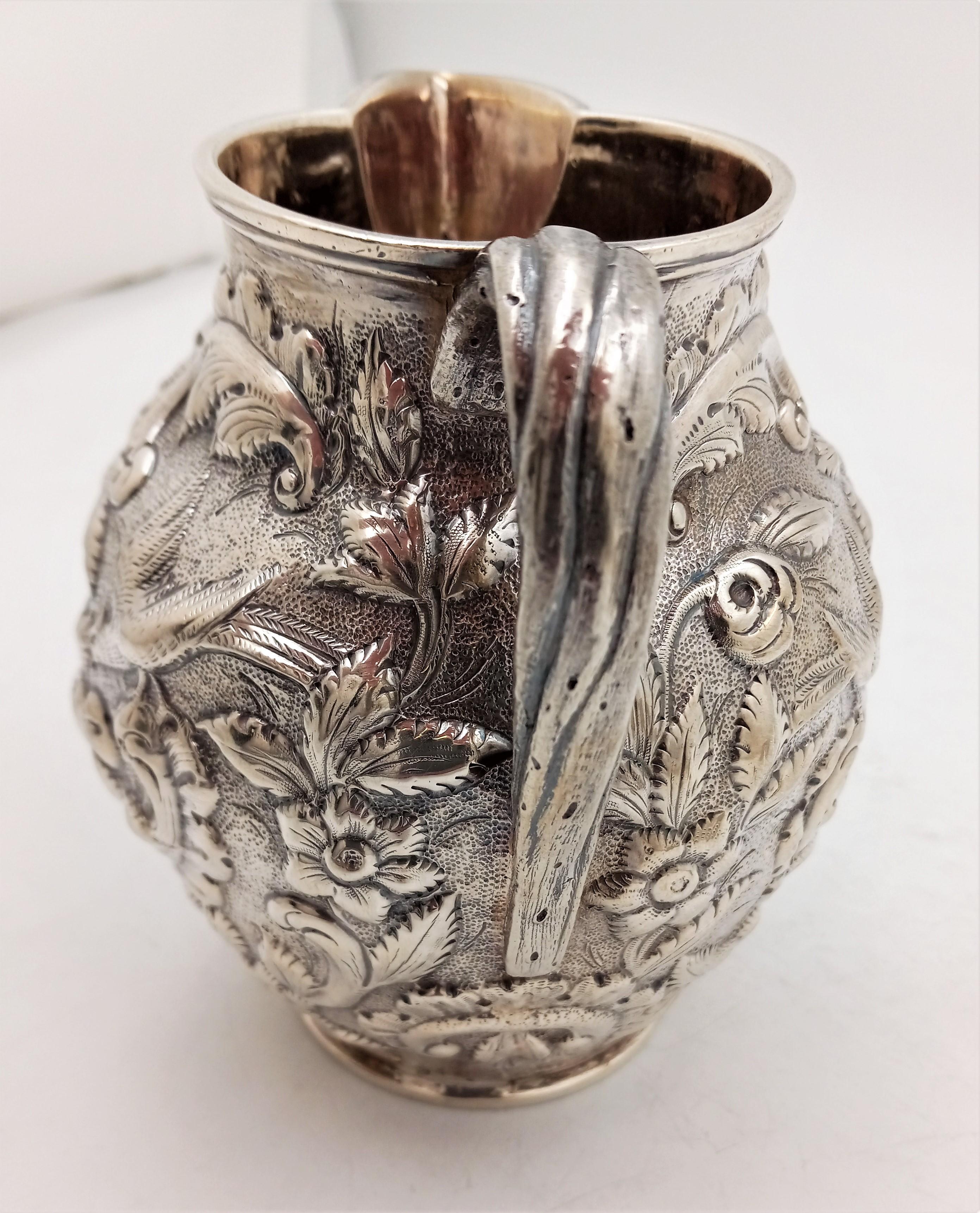 American Geo. W. Webb & Co. Hand-Chased Coin Silver Aesthetic Repousse Pitcher, c. 1875