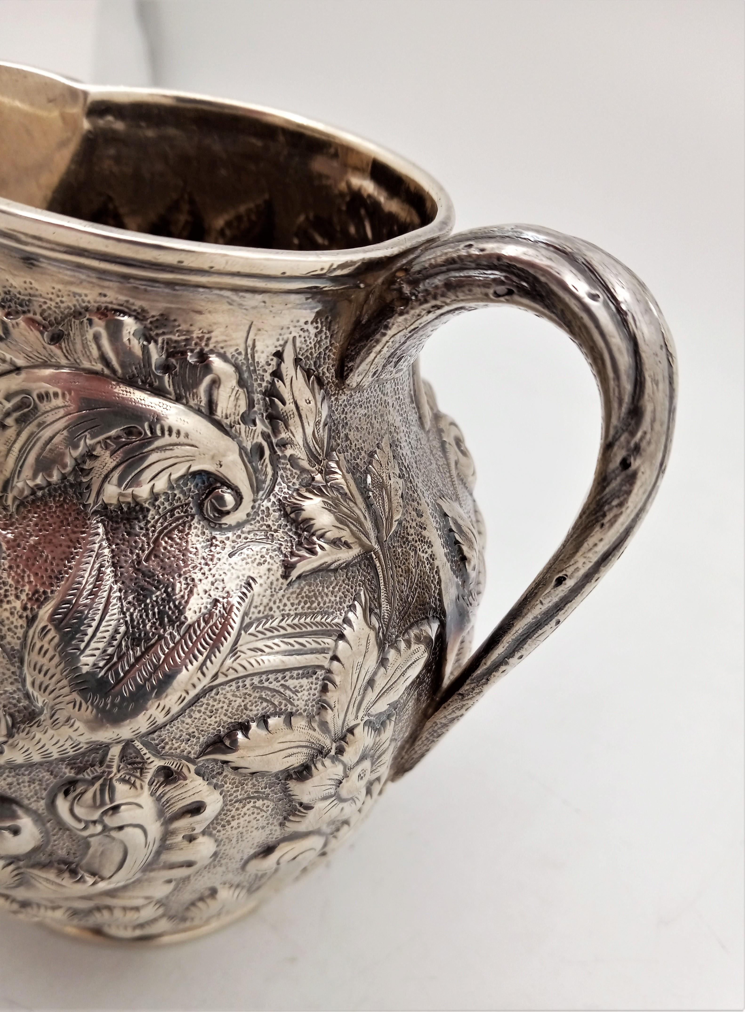 Hand-Crafted Geo. W. Webb & Co. Hand-Chased Coin Silver Aesthetic Repousse Pitcher, c. 1875