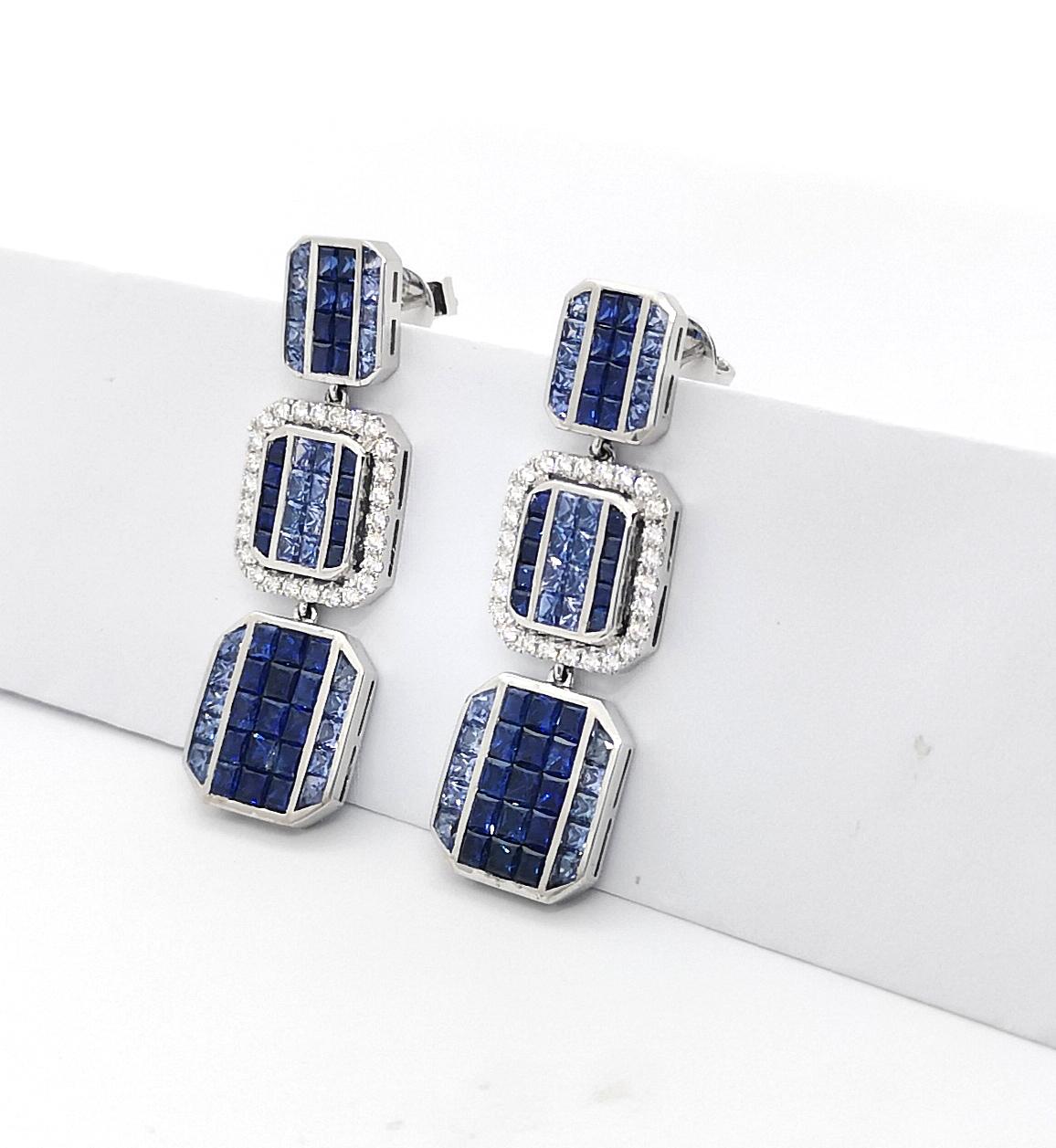 Women's Geoart Back to Basic Puzzle Blue Sapphire and Diamond Earrings 18k White Gold For Sale