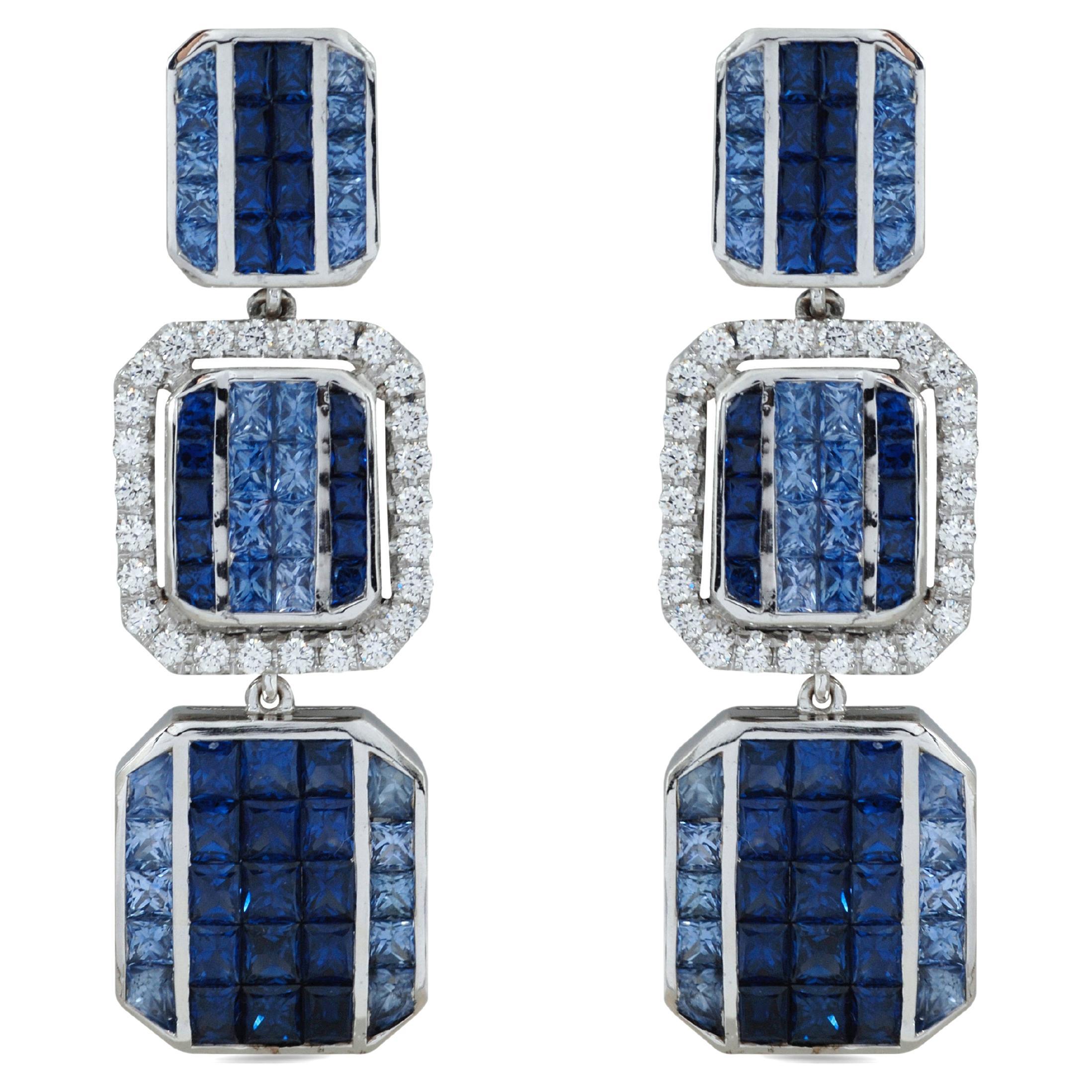 Geometrische Puzzle-Ohrringe aus 18 Karat Weißgold mit blauem Saphir und Diamant