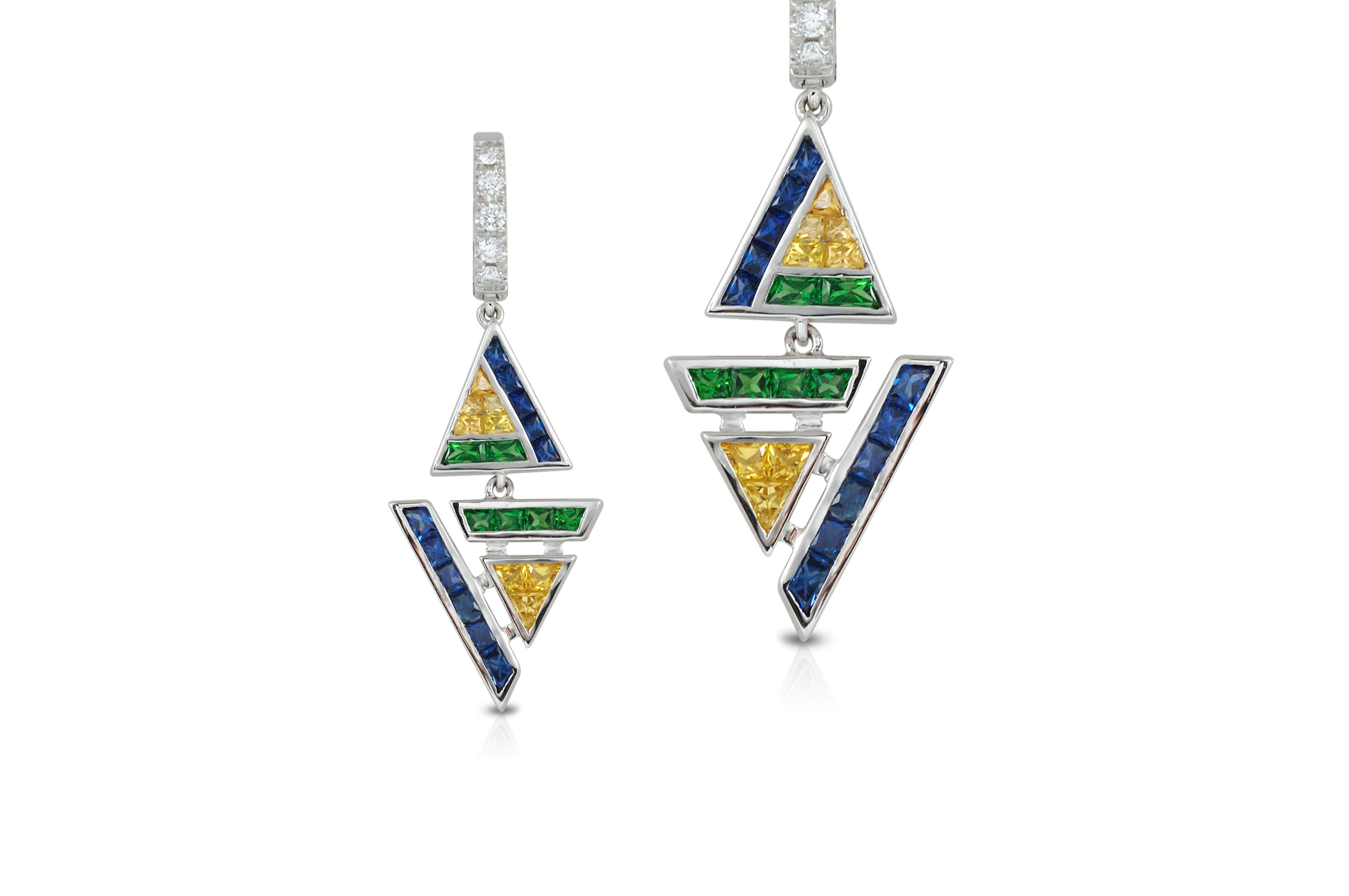 Blue Sapphire1.54 carats, Tsavorite 0.81 carat, Yellow Sapphire 2.04 carats and Diamond 0.18 carat Earrings 18K White Gold

Width: 1.3 cm
Length: 1.6 cm
Weight: 3.07 grams

A striking combination of perfectly cut princess-cut and baguette-cut