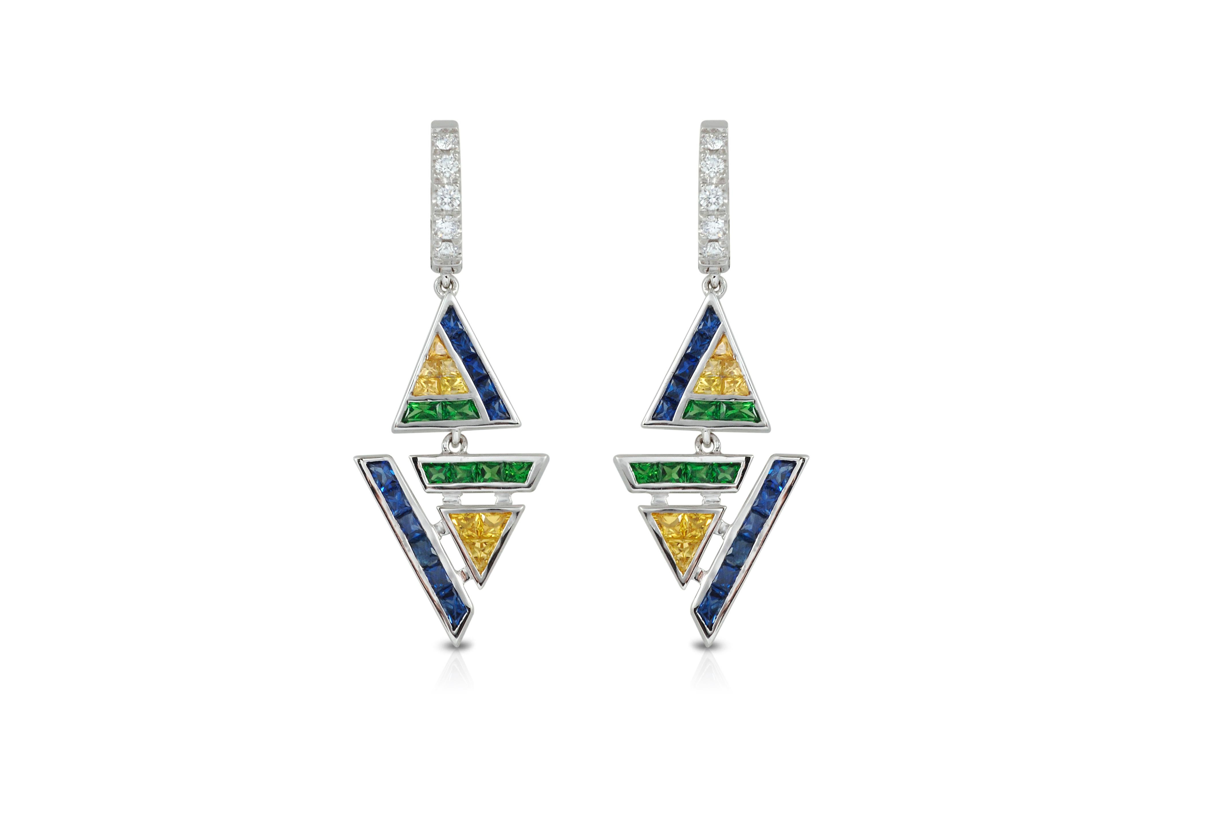 Mixed Cut Geoart Back to Basic Puzzle Sapphire, Tsavorite, Diamond Earrings 18k White Gold For Sale