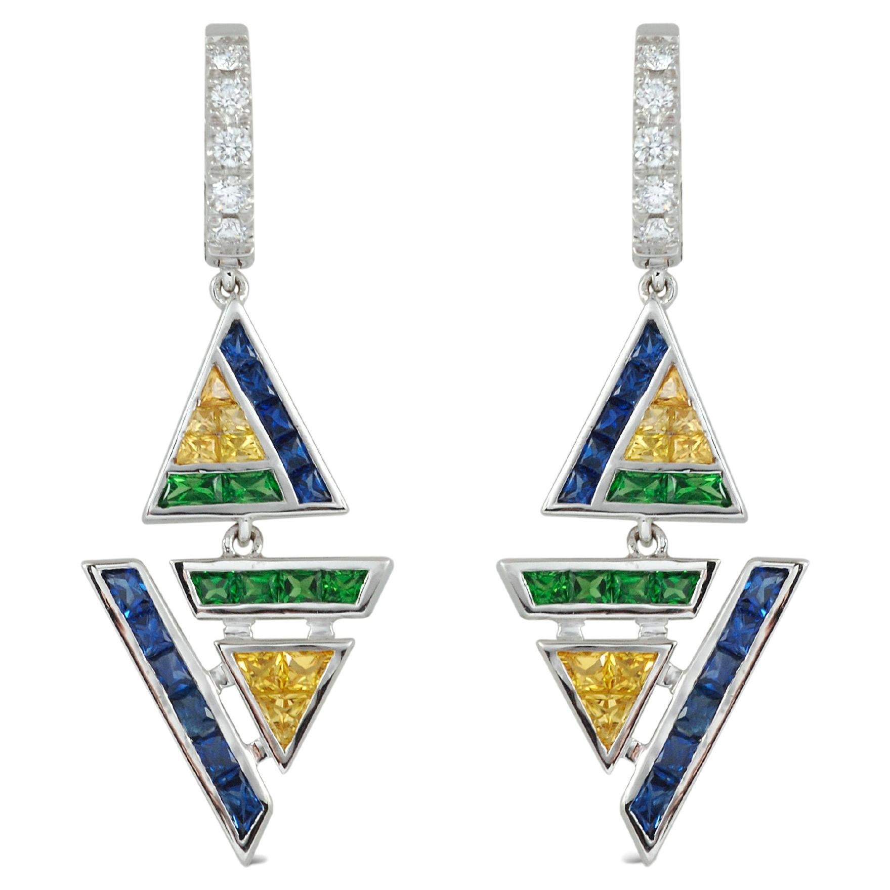 Geoart Back to Basic Puzzle Sapphire, Tsavorite, Diamond Earrings 18k White Gold