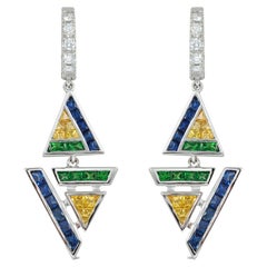 Geoart Back to Basic Puzzle Sapphire, Tsavorite, Diamond Earrings 18k White Gold