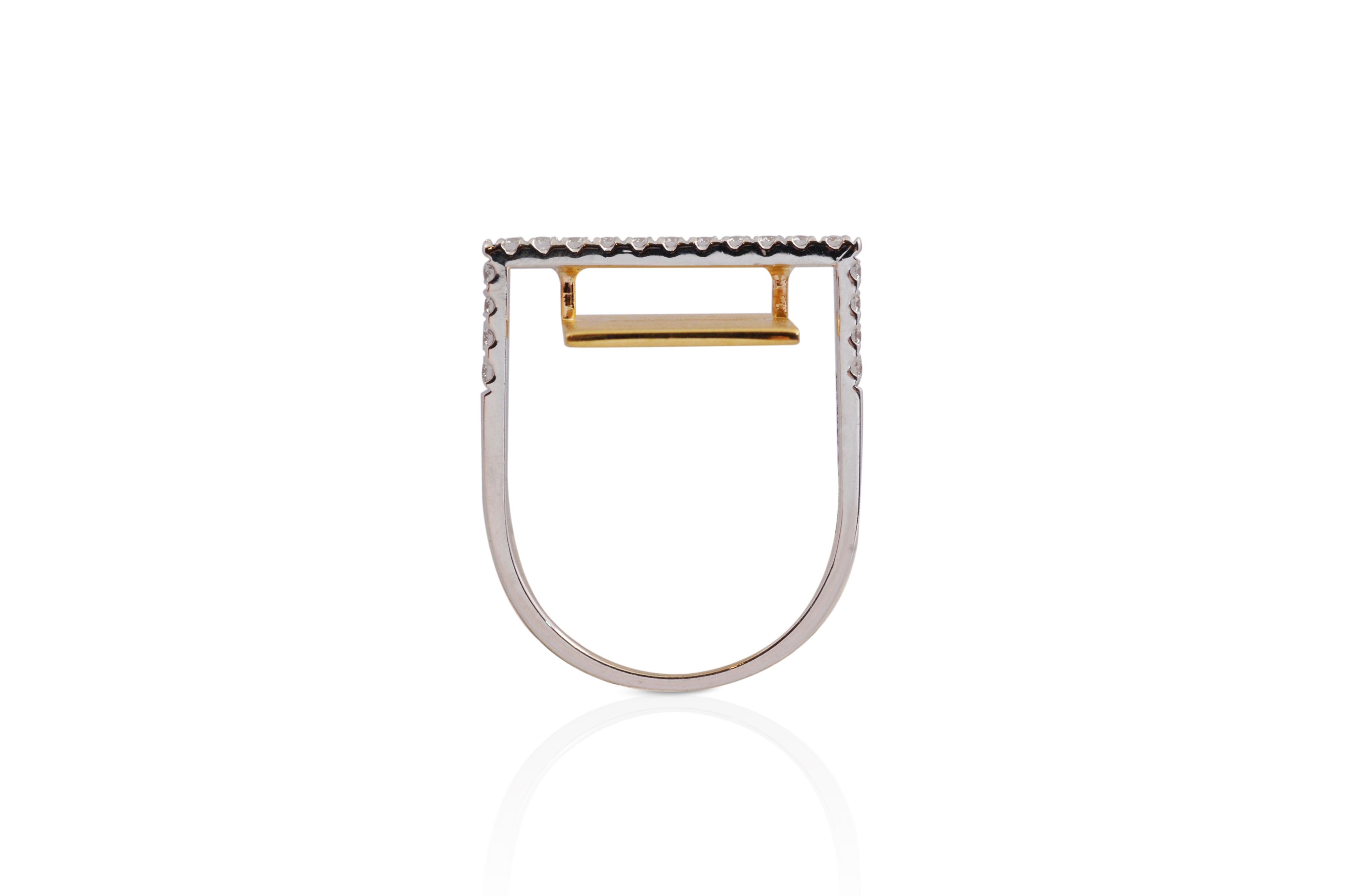 Brilliant Cut GeoArt Rectangle Diamond Ring set in 18K White/Yellow Gold Settings For Sale