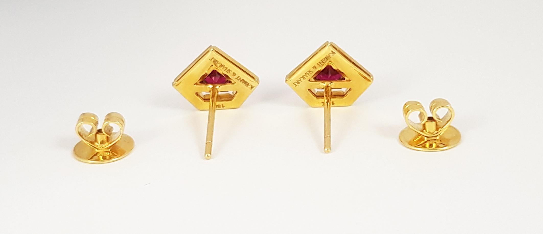 Trillion Cut Geoart Ruby, Diamond Stud Earrings 18k Yellow Gold For Sale
