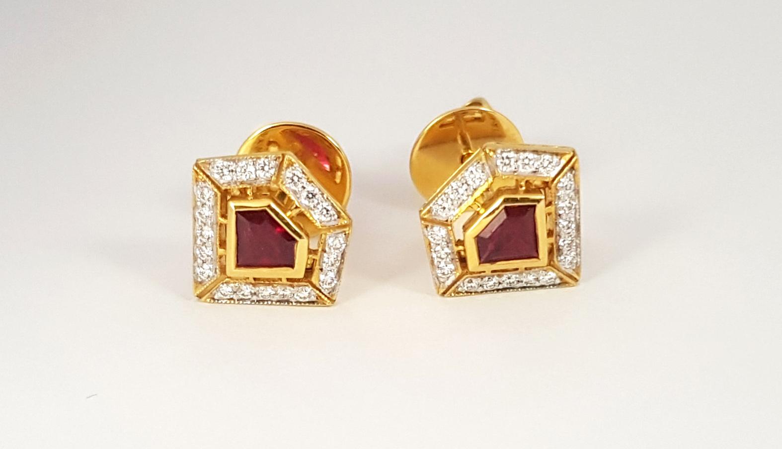 Geoart Ruby, Diamond Stud Earrings 18k Yellow Gold For Sale 2
