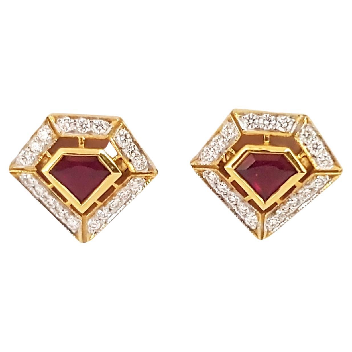 Geoart Ruby, Diamond Stud Earrings 18k Yellow Gold For Sale