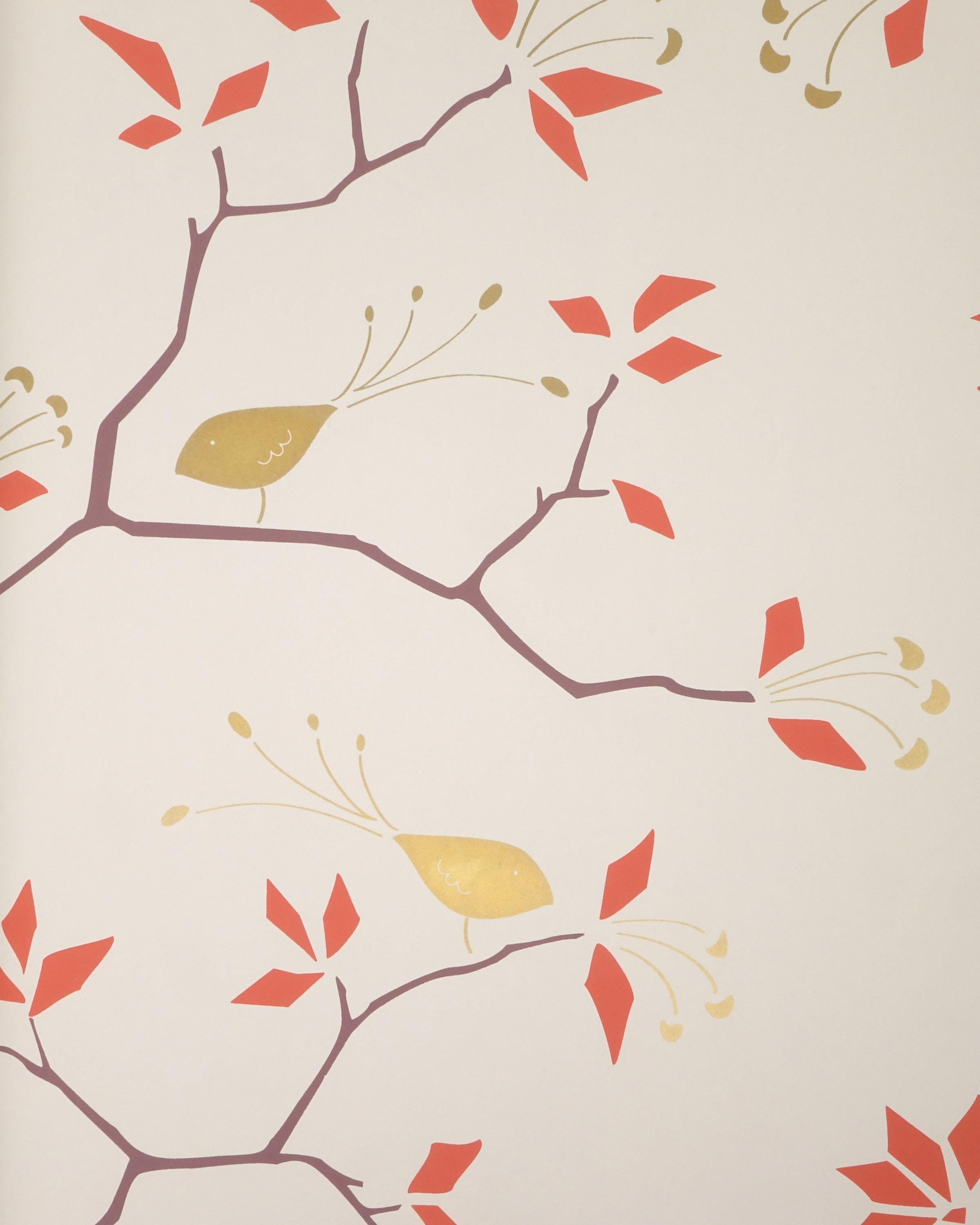 Modern Geobird Screen Printed Wallpaper in Metallic Gold/Bronze, and Tomato Red on Snow For Sale