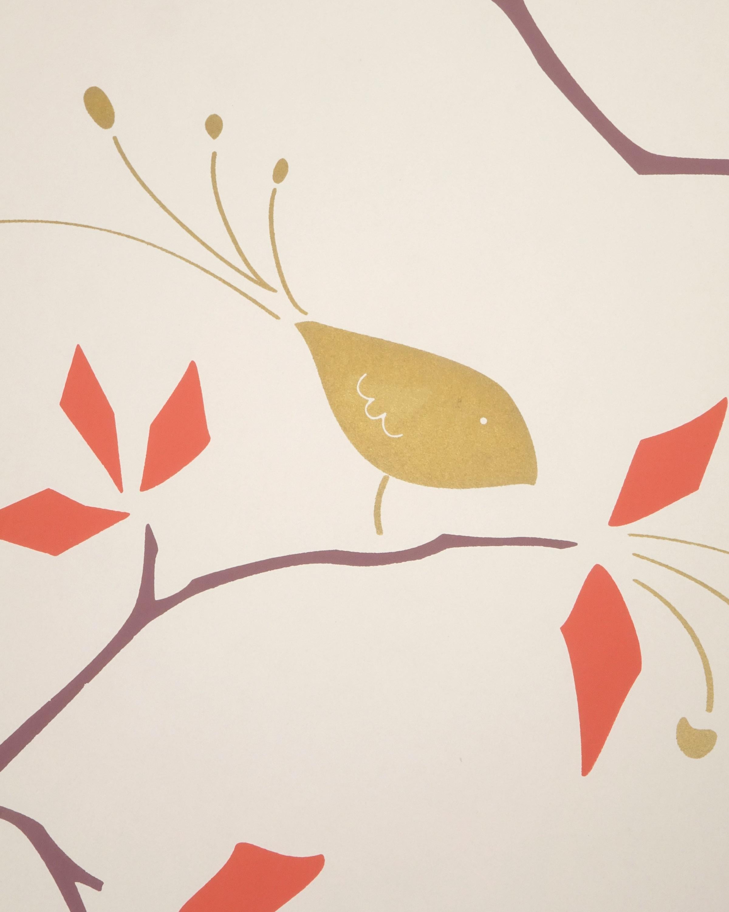 American Geobird Screen Printed Wallpaper in Metallic Gold/Bronze, and Tomato Red on Snow For Sale