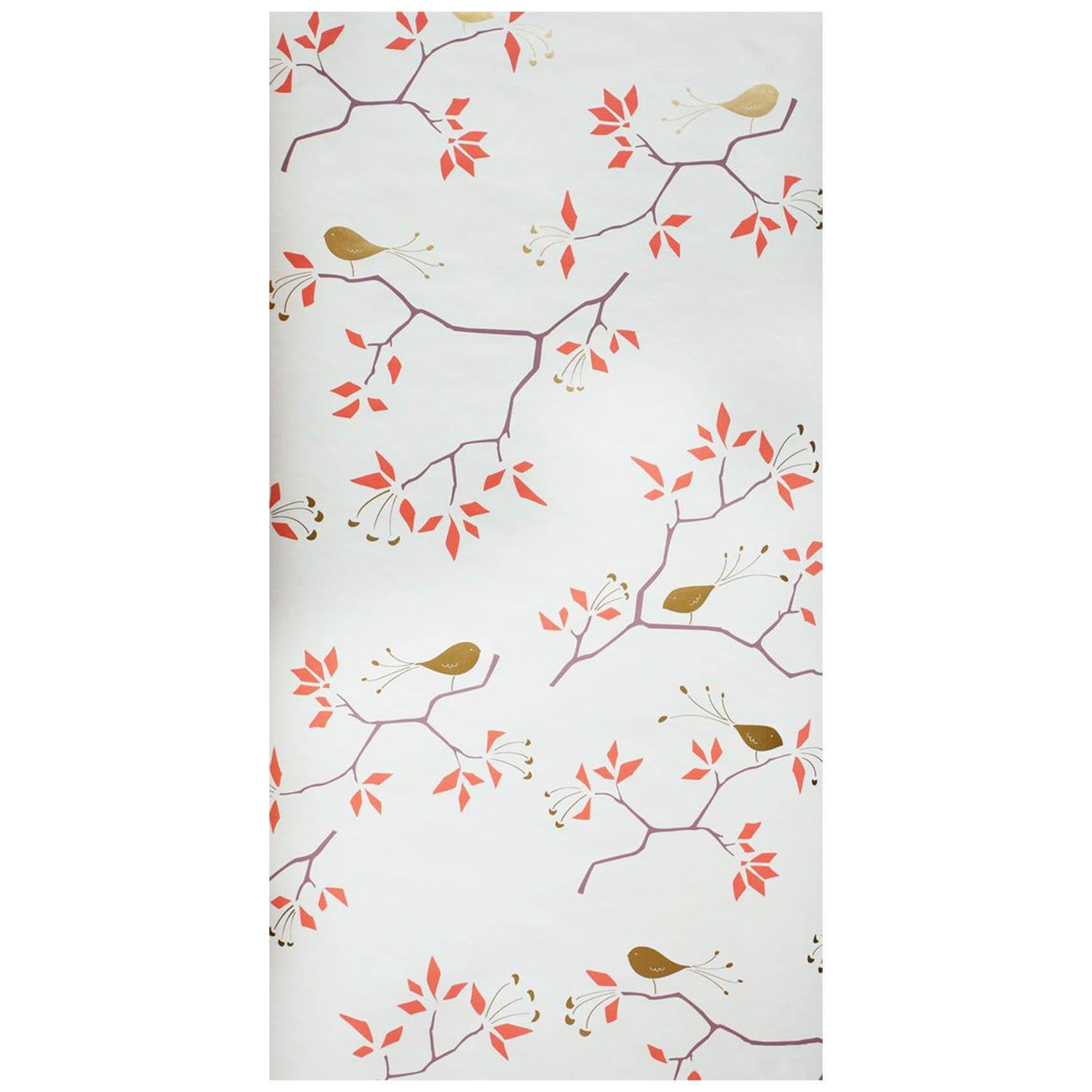 Papel Pintado Serigrafiado Geobird en Oro/Bronce Metalizado y Rojo Tomate sobre Nieve