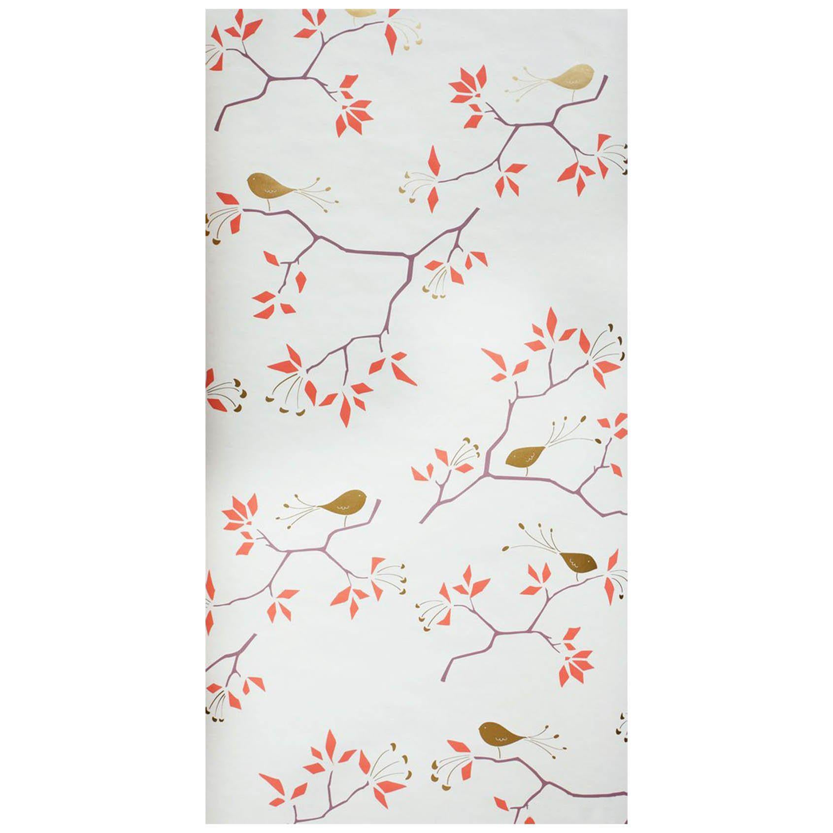 Geobird Screen Printed Wallpaper in Metallic Gold/Bronze, and Tomato Red on Snow For Sale