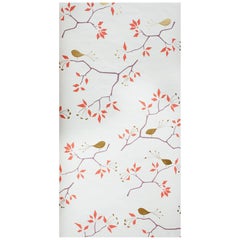 Geobird Screen Printed Wallpaper in Metallic Gold/Bronze, and Tomato Red on Snow