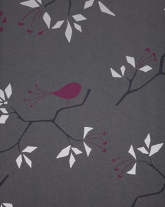 Papier peint sérigraphié Geobird en argent métallique et graphite prune sur graphite