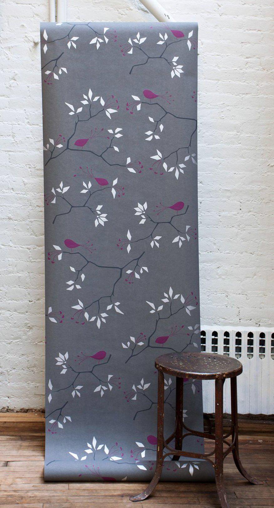 American Geobird Screen Printed Wallpaper in Metallic Silver, and Plum on Graphite For Sale