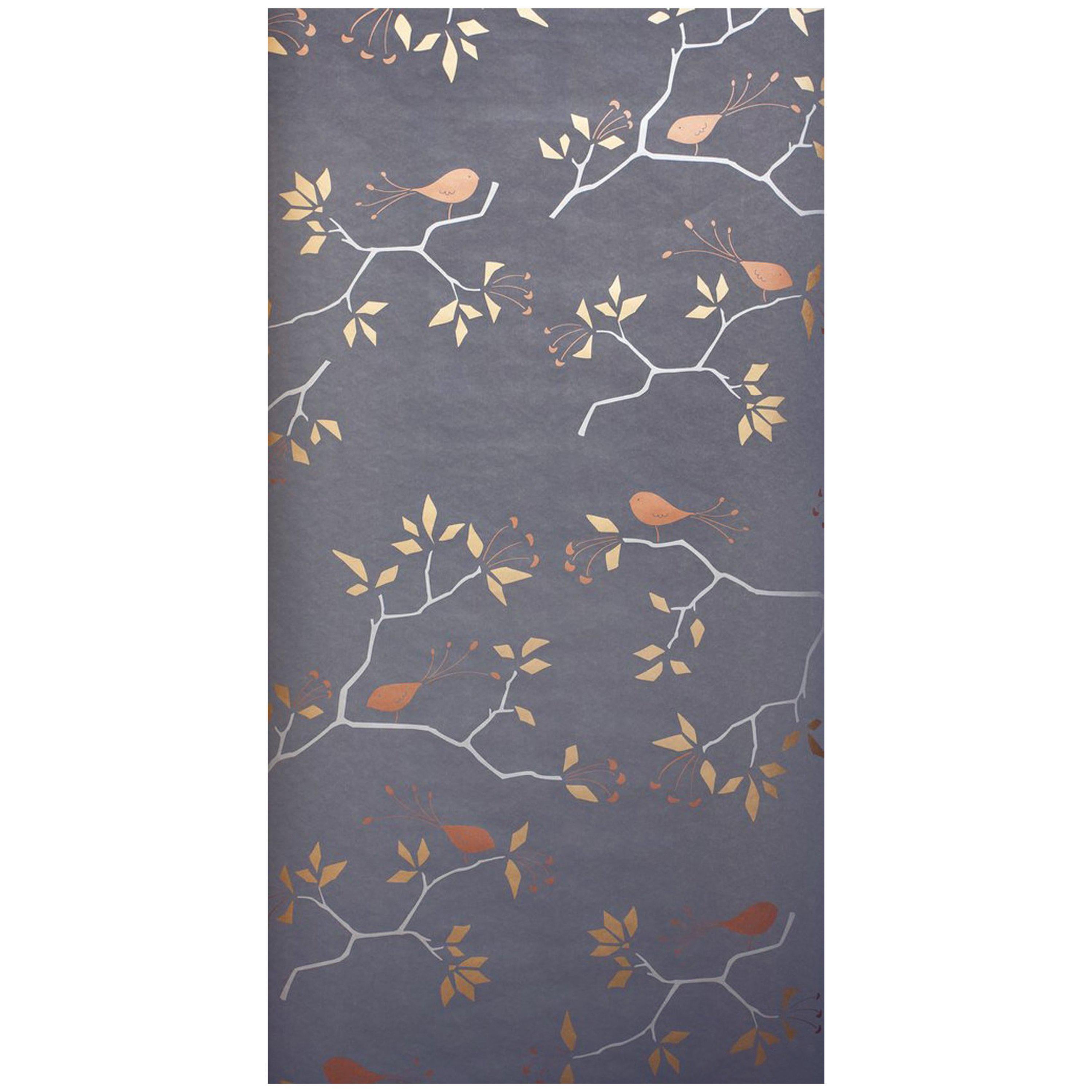 Geobird Screen Printed Wallpaper in Metallic Silver, Gold and Bronze on Graphite For Sale