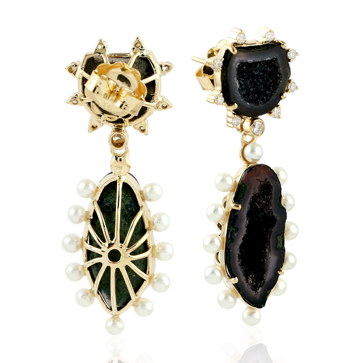 Modern Geode 18 Karat Gold Pearl Diamond Earrings For Sale